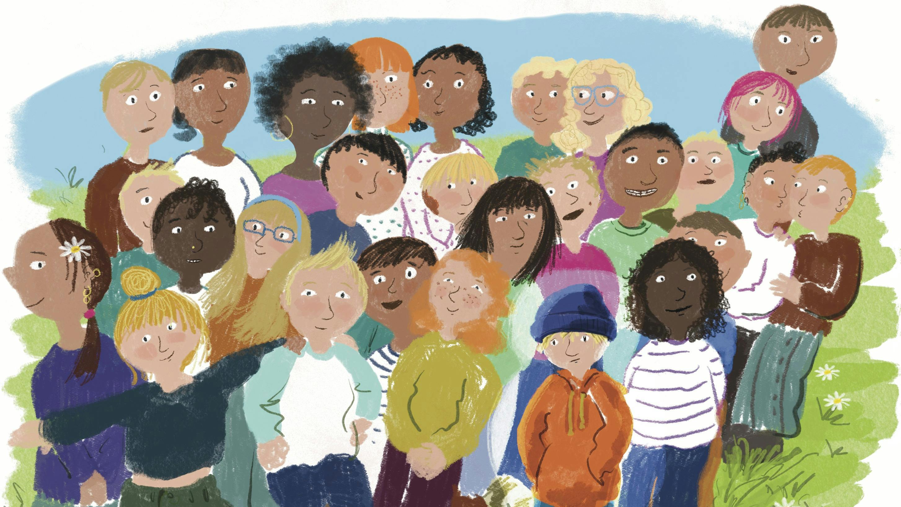 En skoleklasse, der står samlet