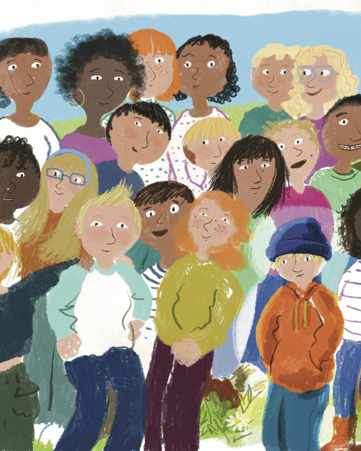 En skoleklasse, der står samlet