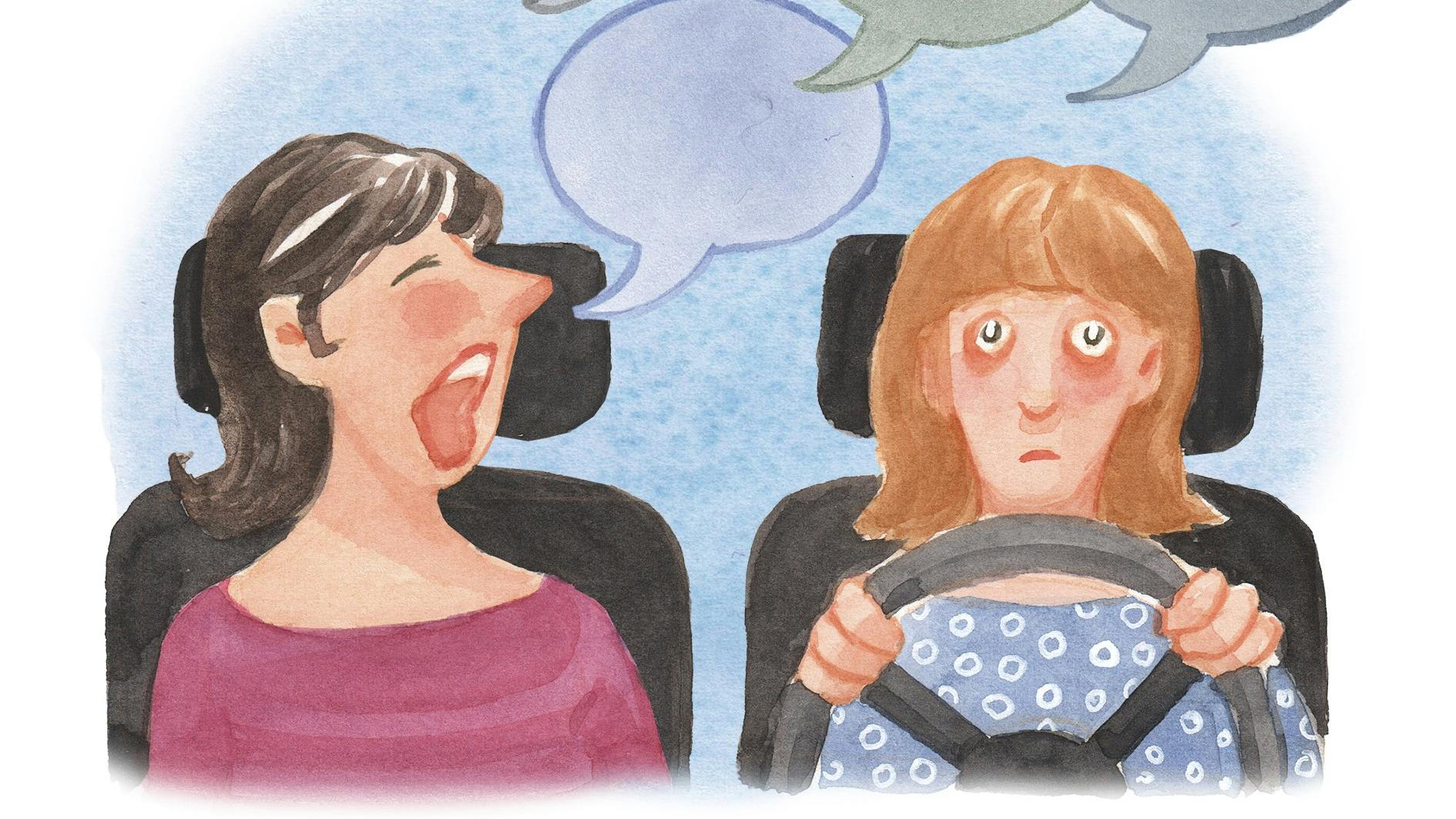 Tegning af to kvinder i bil, en af dem plaprer