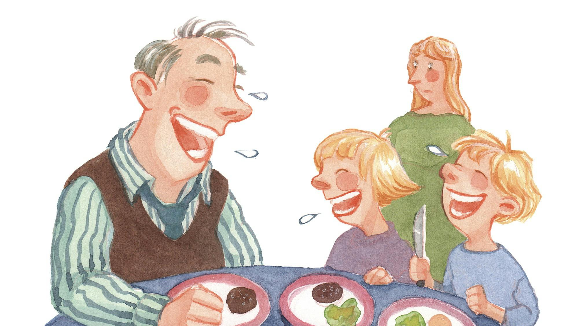 Tegning af bedstefar og børnebørn, der griner