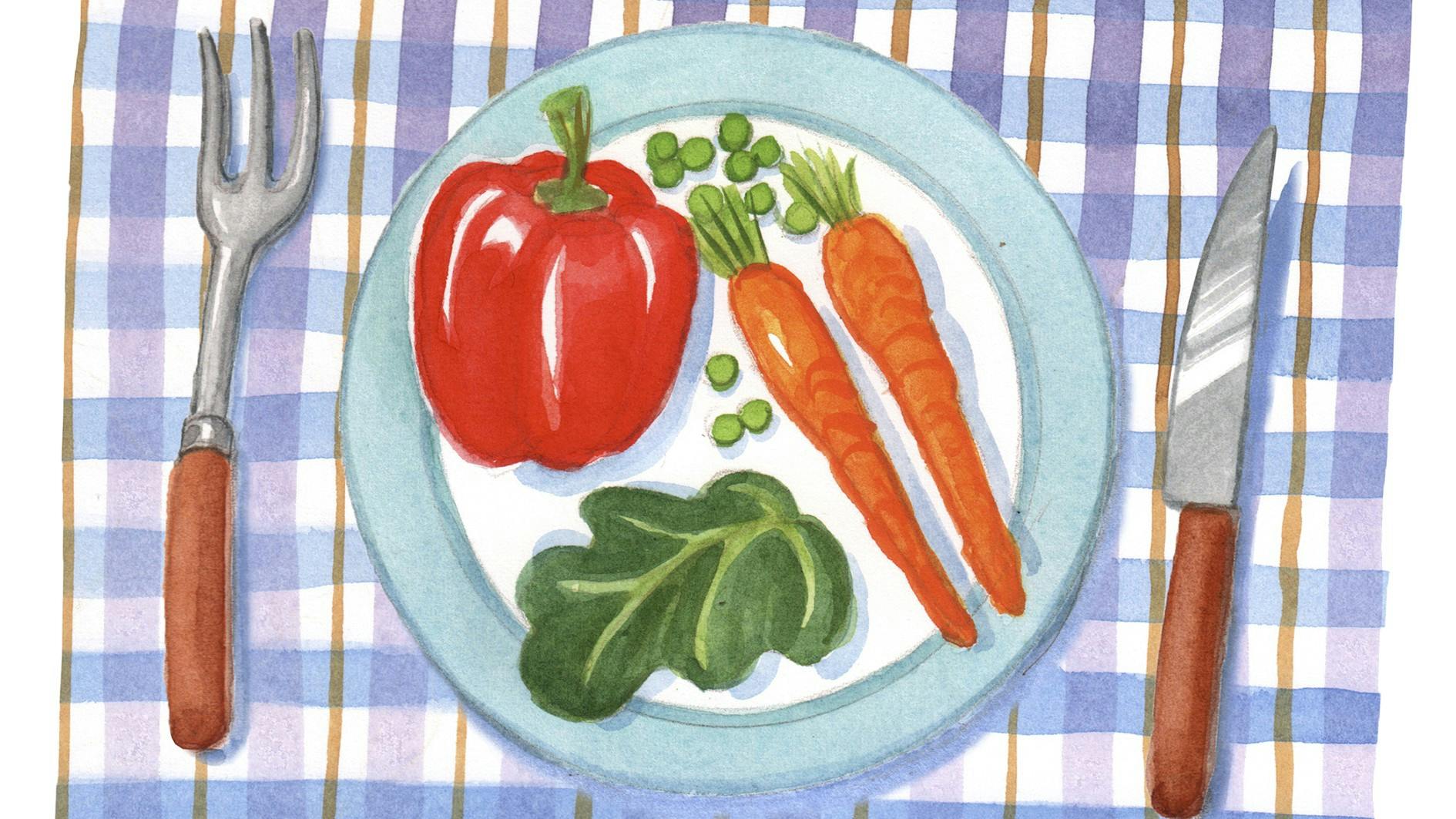 Tegning af tallerken med grøntsager
