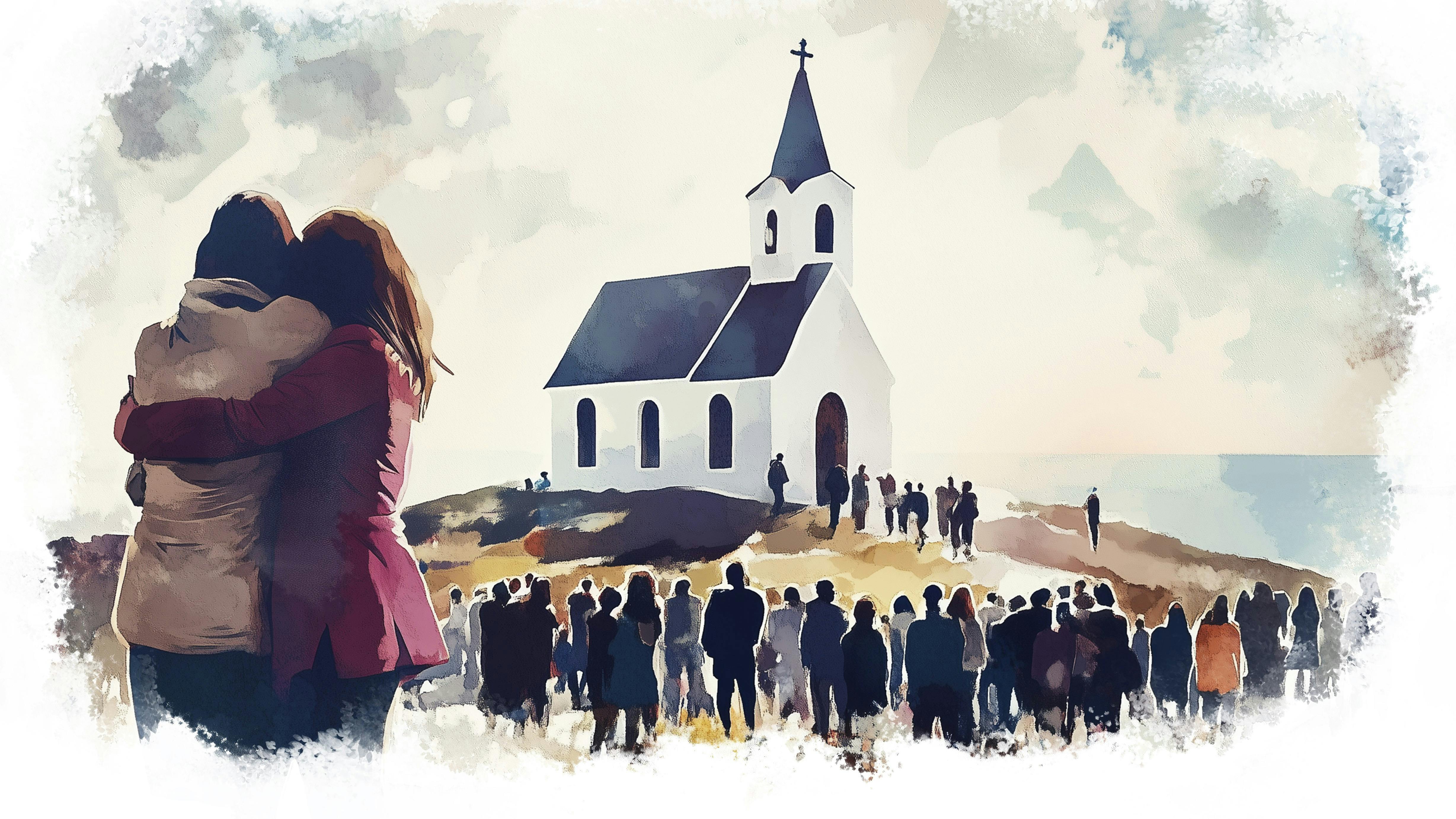 Tegning af kirke på bakketop med mennesker omkring