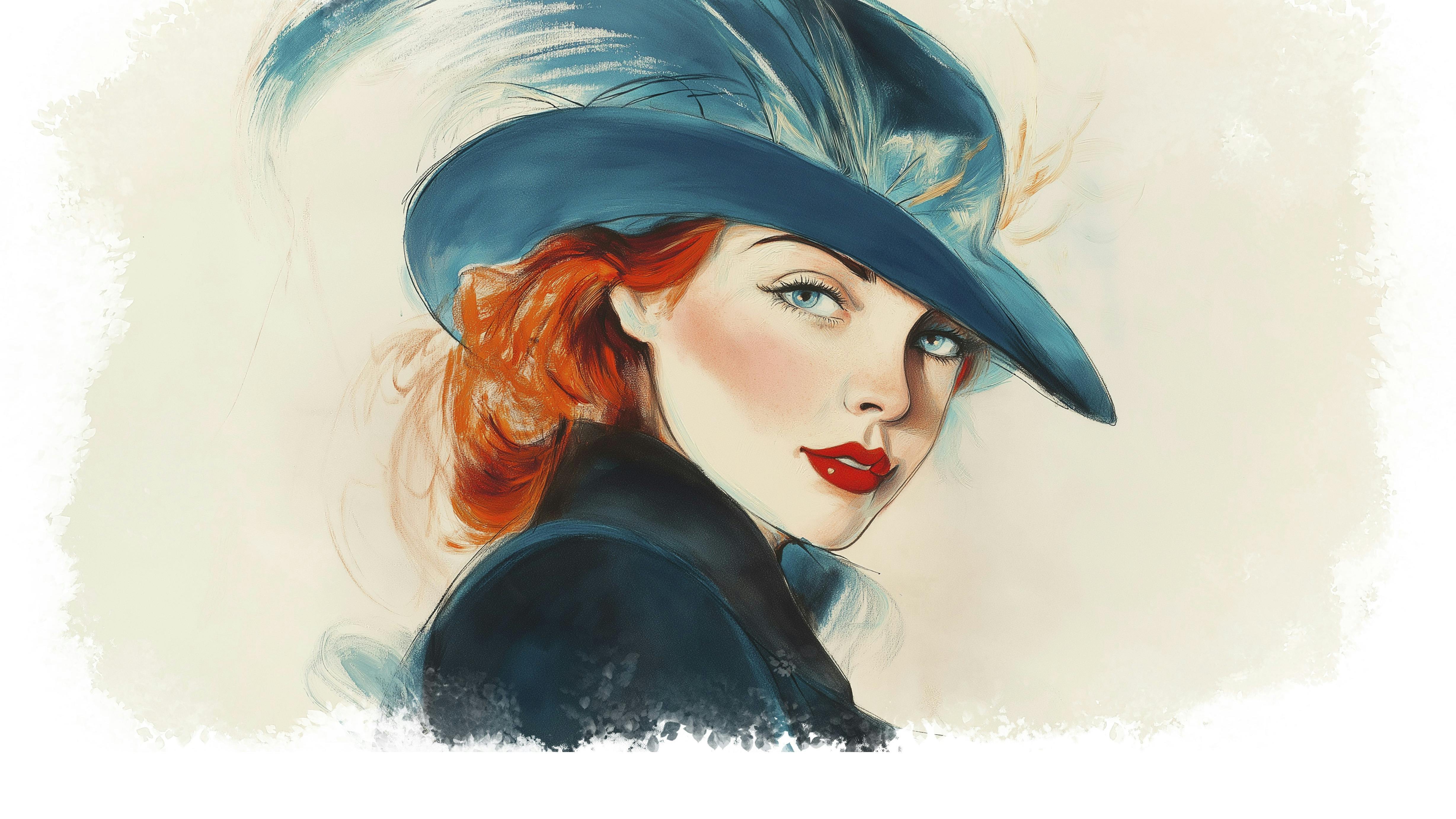 Rødhåret kvinde med hat med fjer