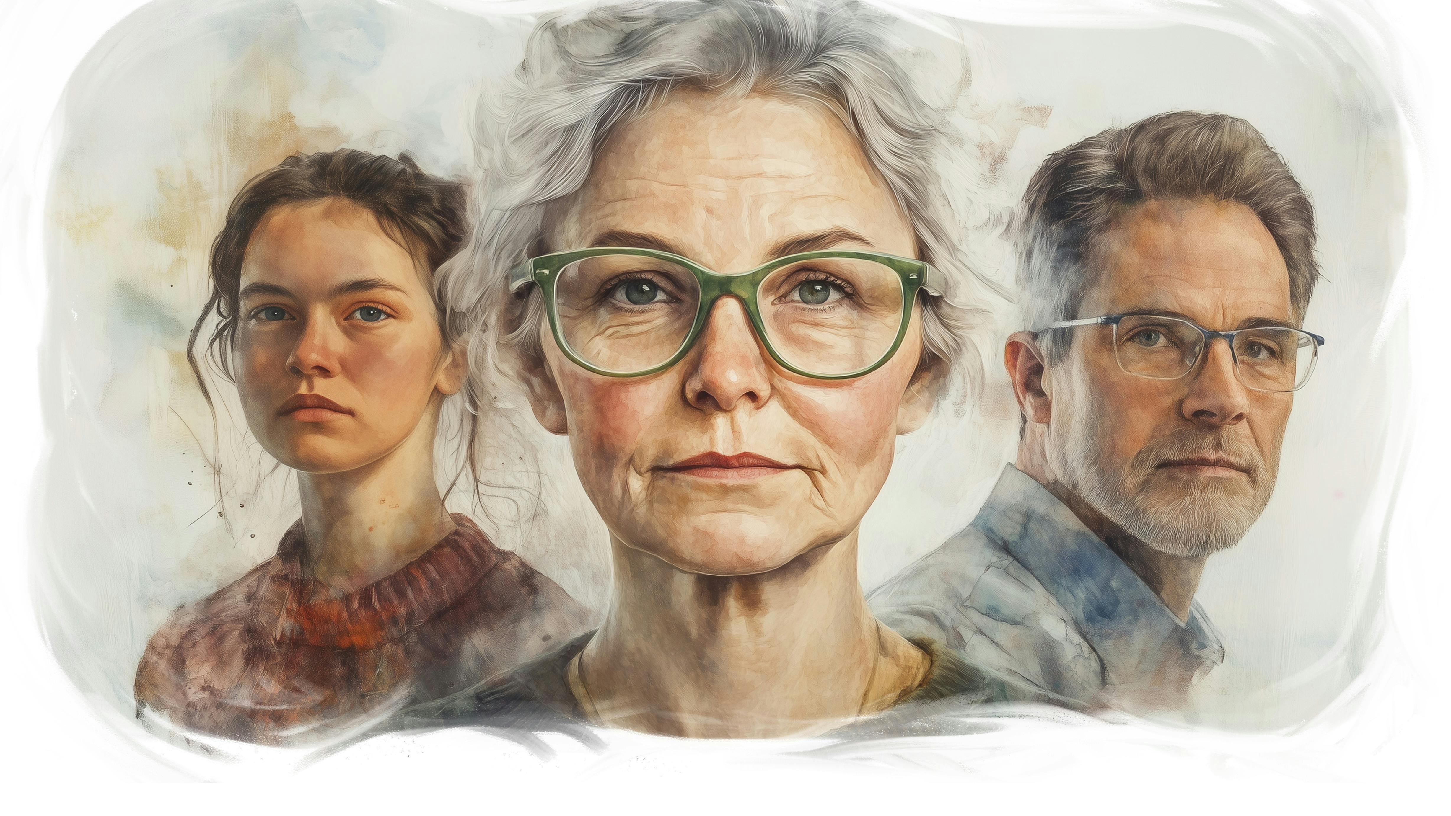 Tegning af kvinde med briller og gråt hår