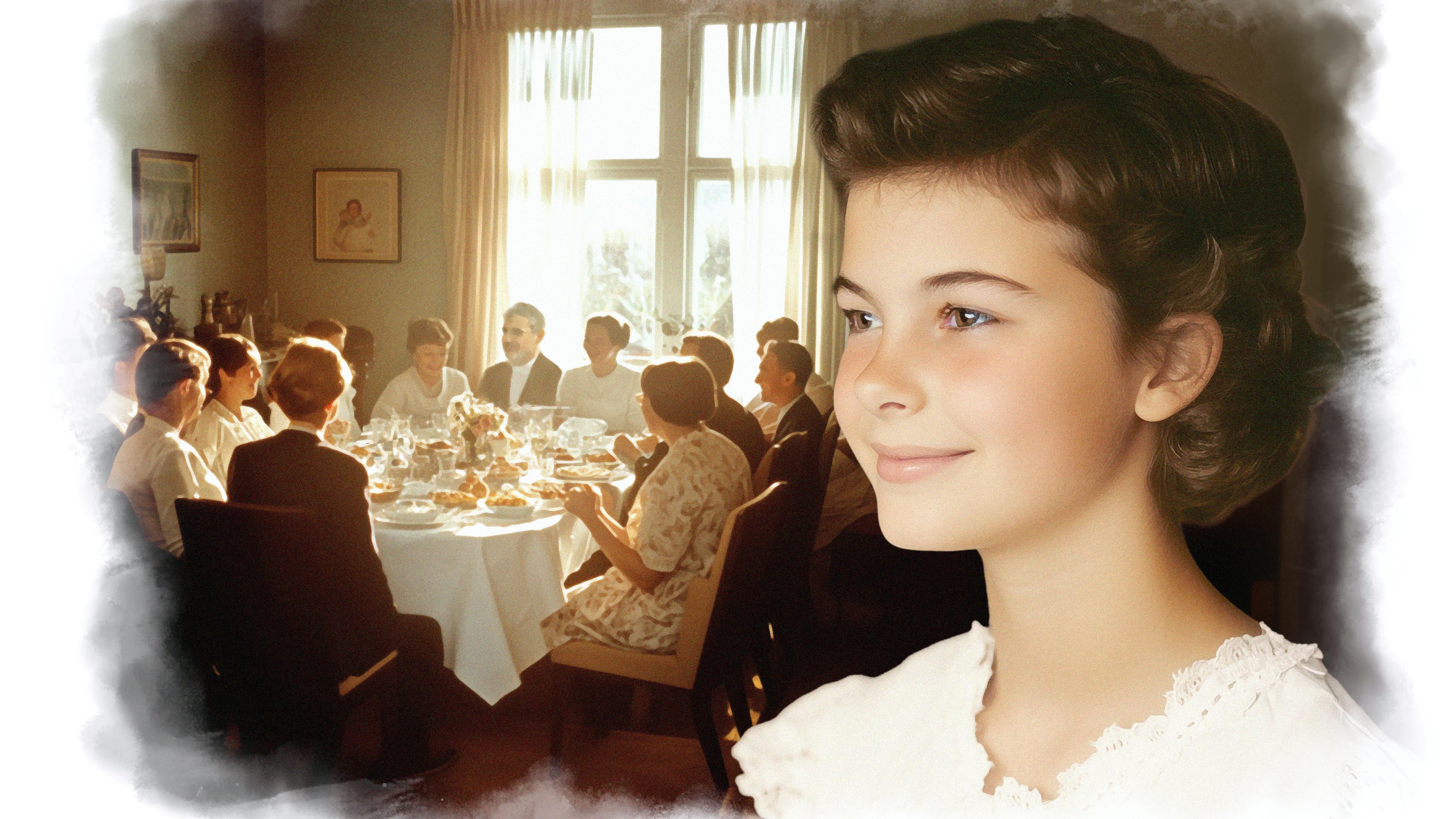 Ung pige i konfirmationskjole med gæster omkring bord i baggrunden