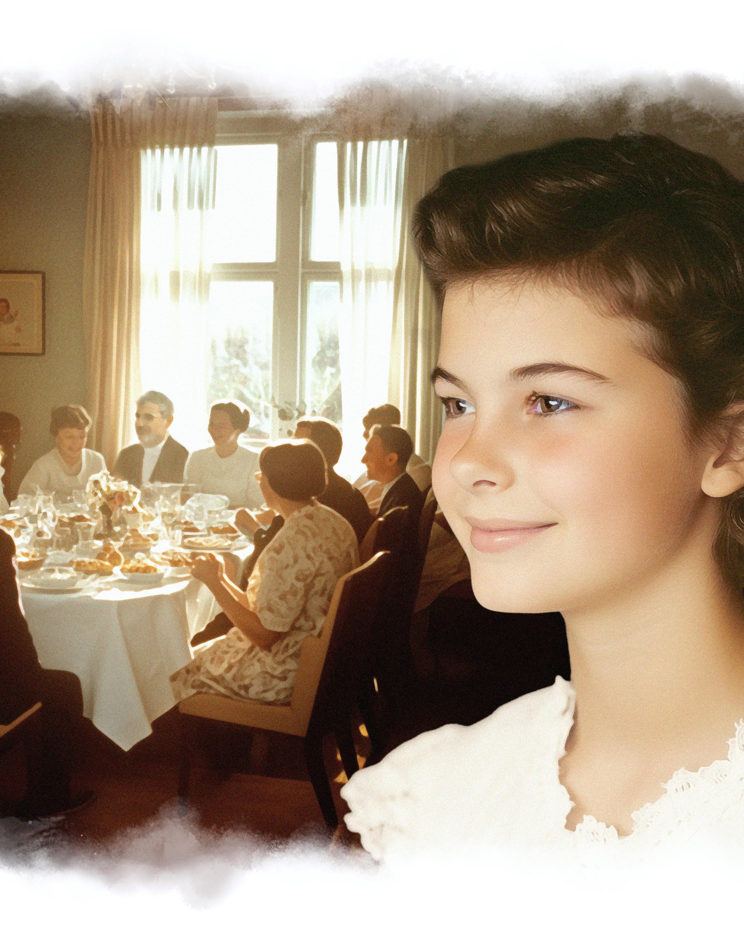 Ung pige i konfirmationskjole med gæster omkring bord i baggrunden