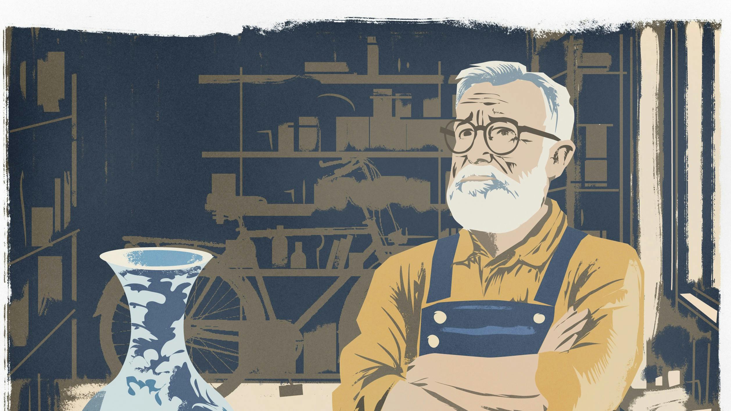 Tegning af mand i overalls i udhus med vase