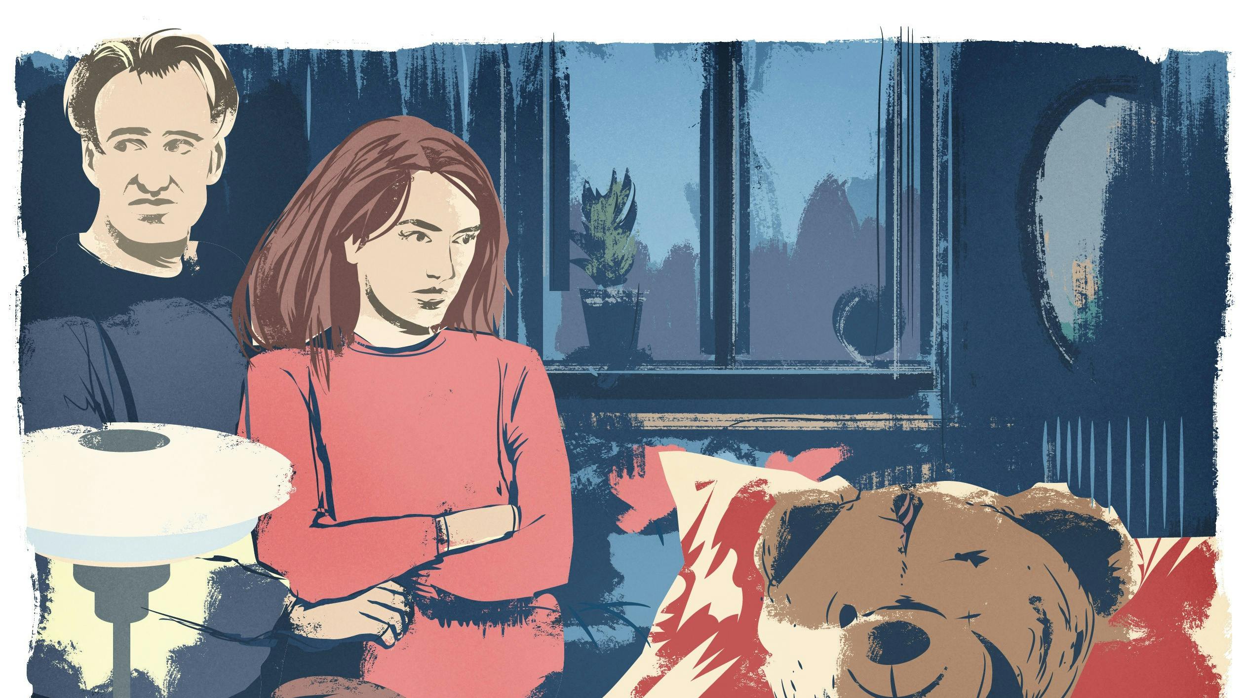 Tegning af mand og kvinde i børneværelse kigger på bamse i tremmeseng