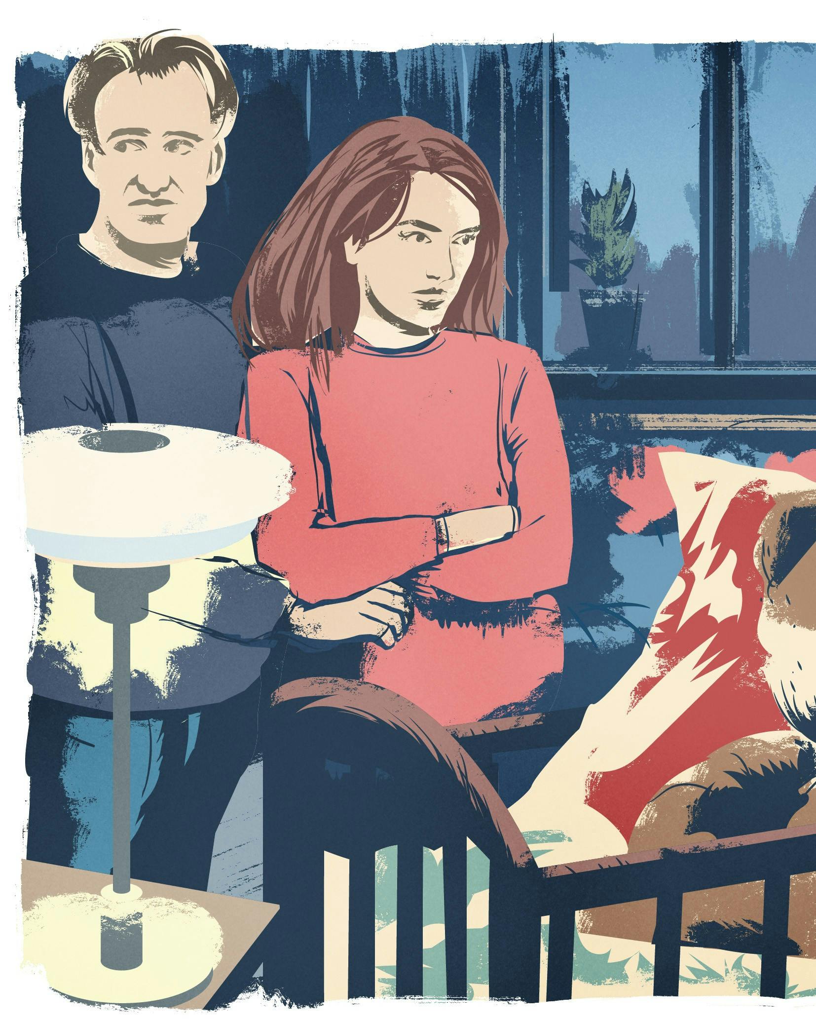 Tegning af mand og kvinde i børneværelse kigger på bamse i tremmeseng