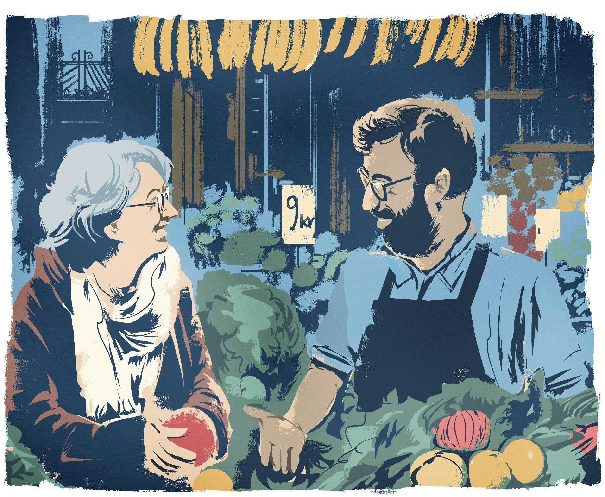 Tegning af mand og kvinde i grønthandel