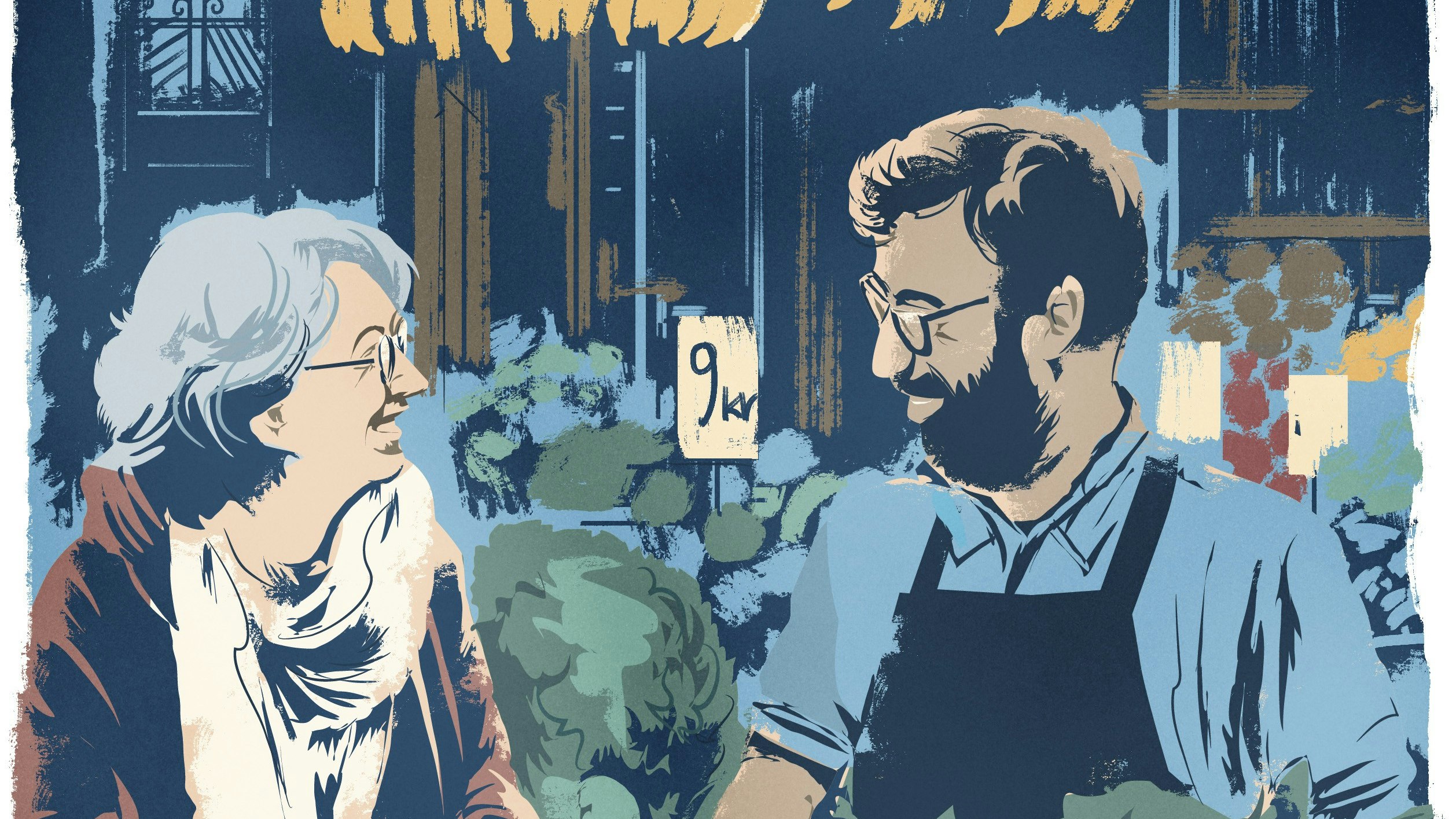 Tegning af mand og kvinde i grønthandel