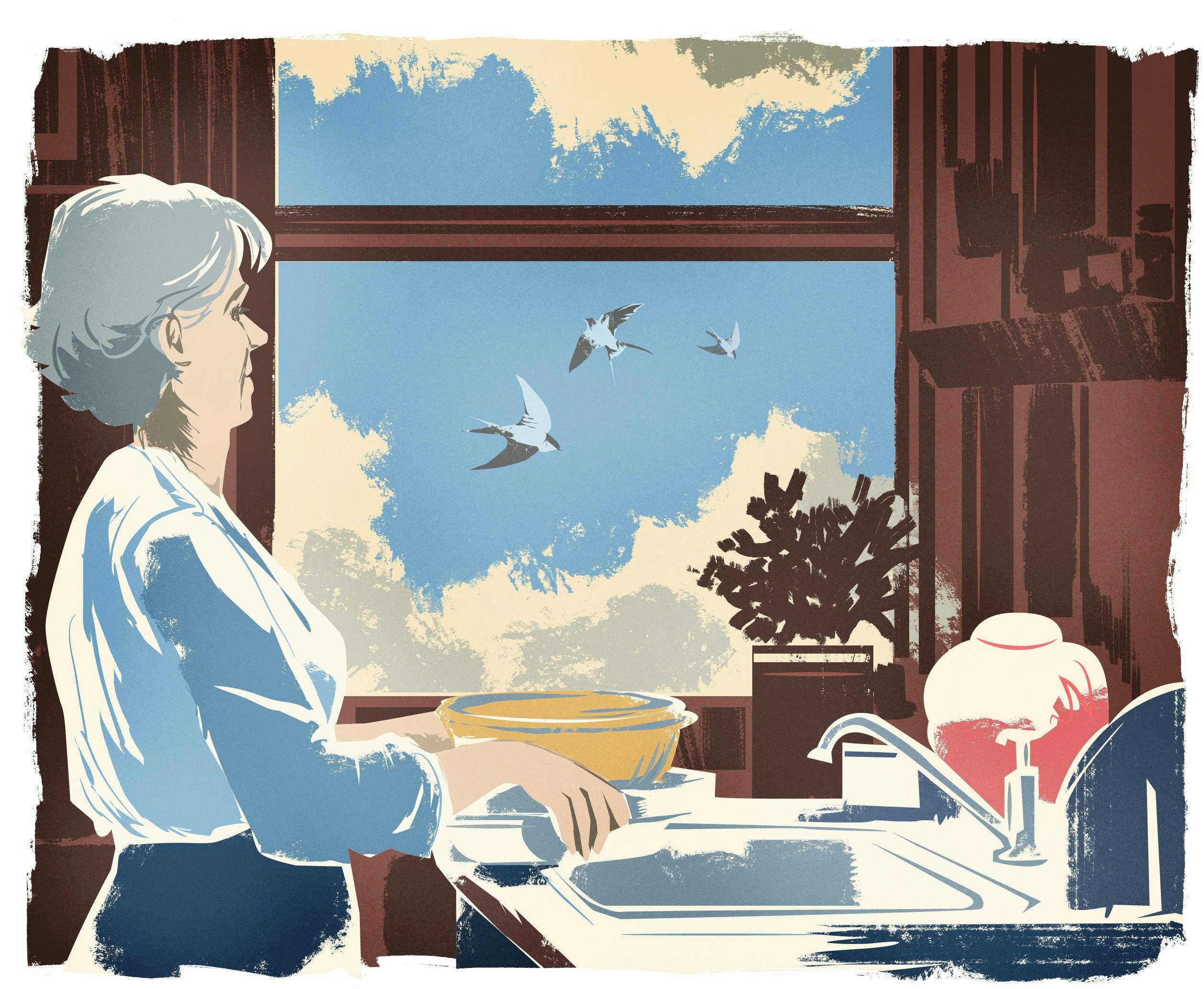 Tegning af kvinde der vasker op og ser ud af vinduet