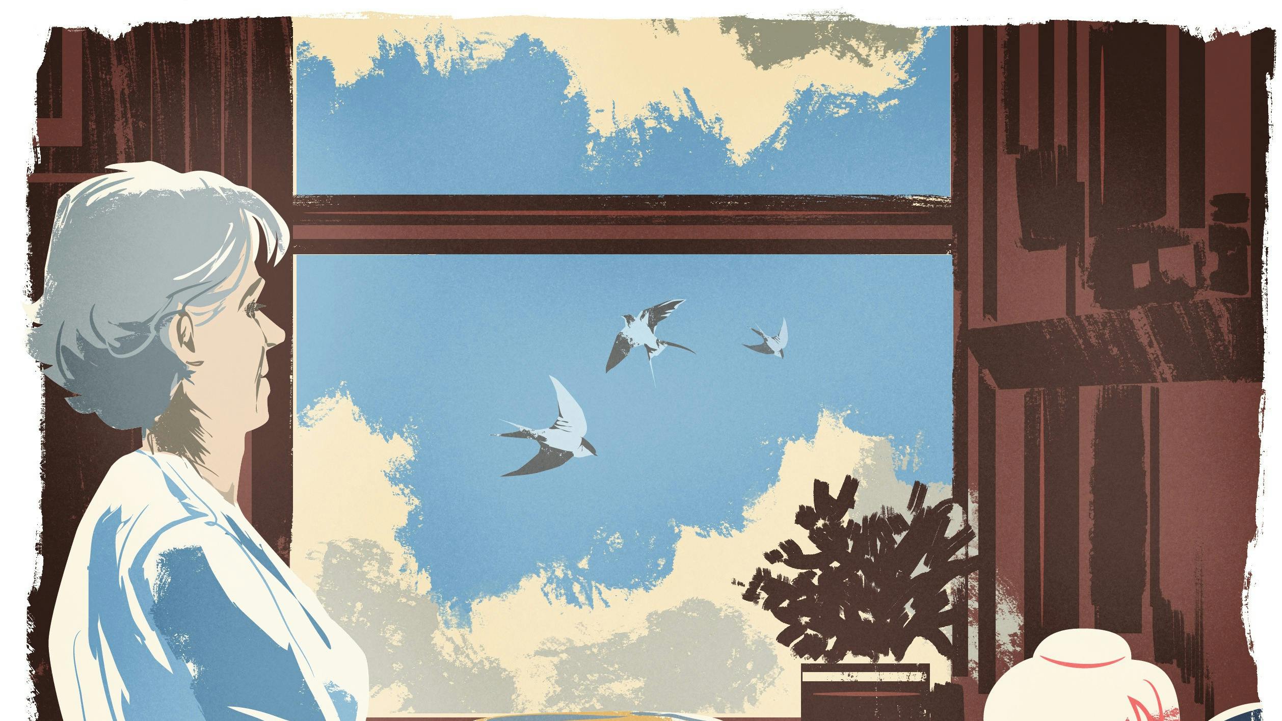 Tegning af kvinde der vasker op og ser ud af vinduet