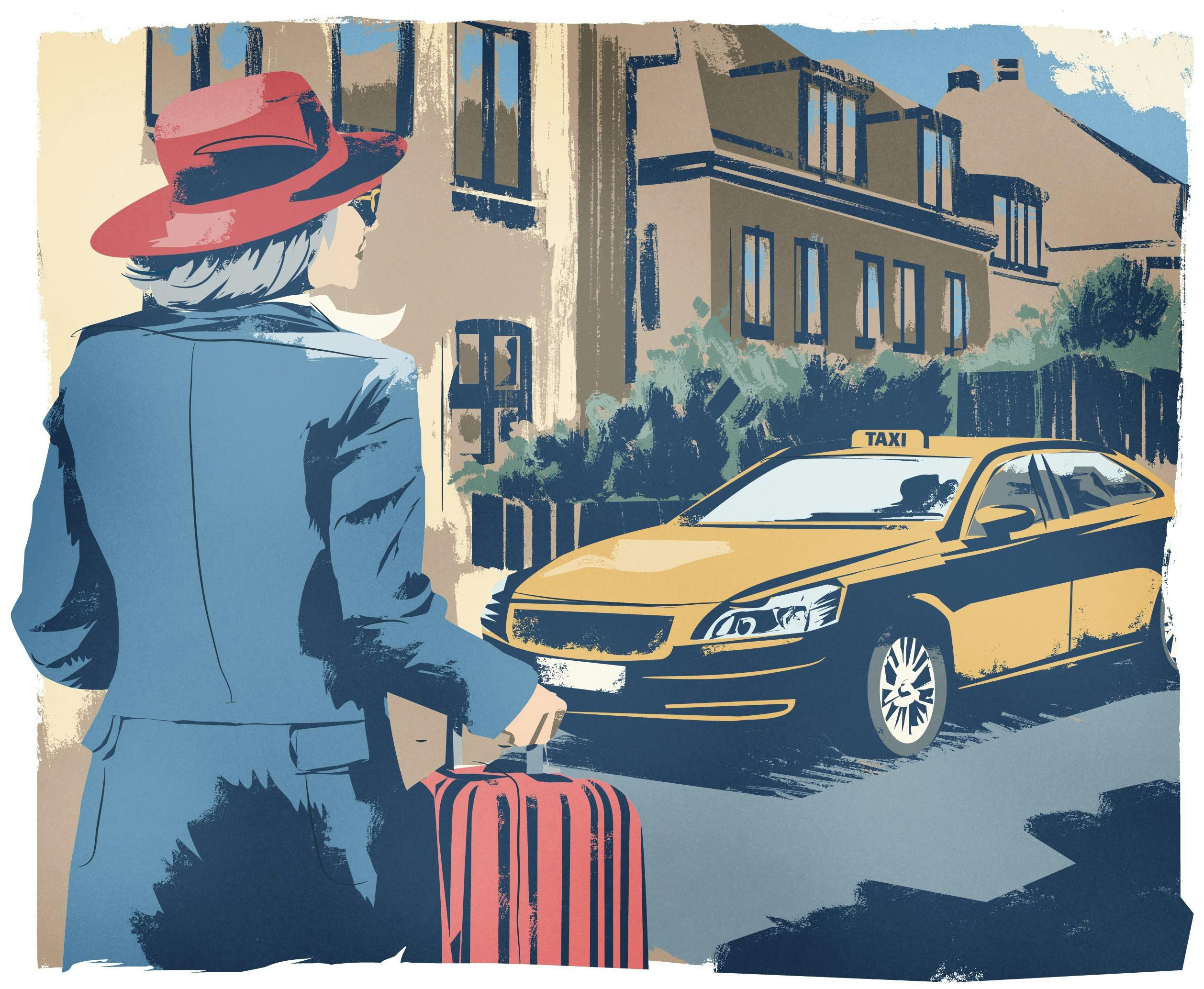 Tegning af kvinde med hat og kuffert og taxa i baggrunden