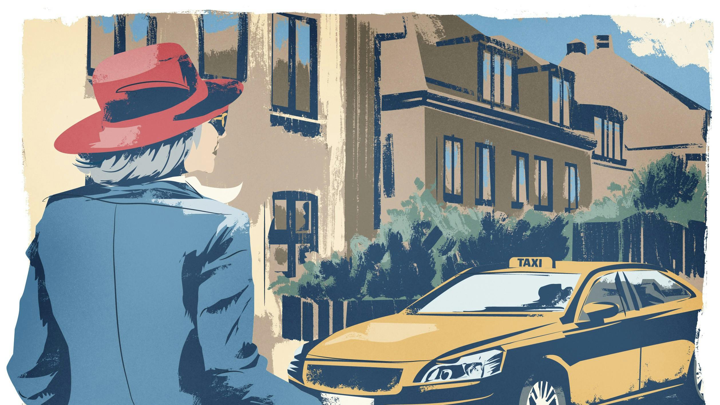 Tegning af kvinde med hat og kuffert og taxa i baggrunden