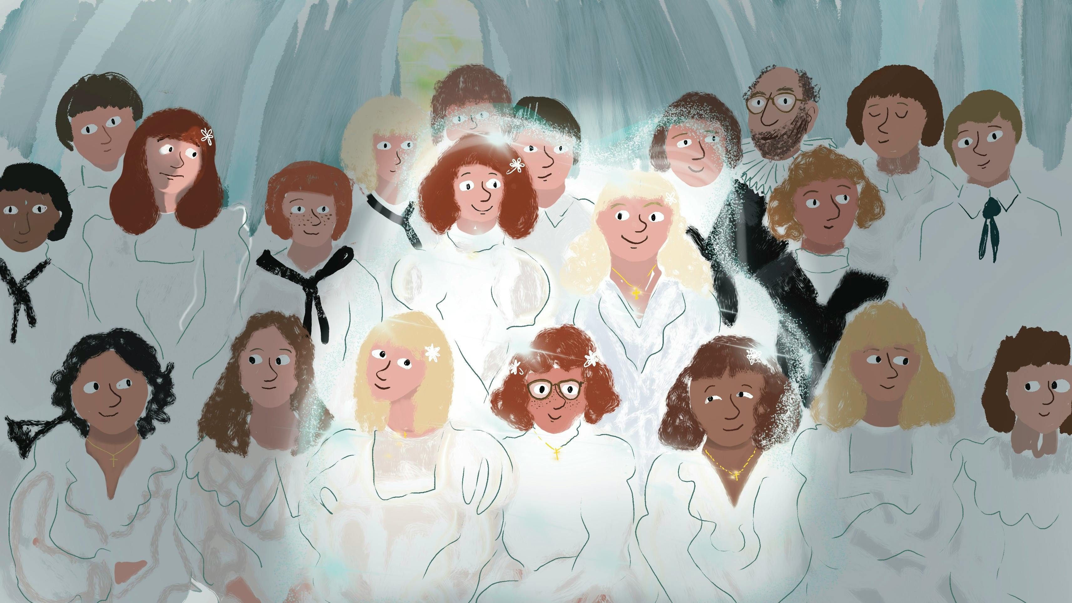 Konfirmander i hvide kjoler