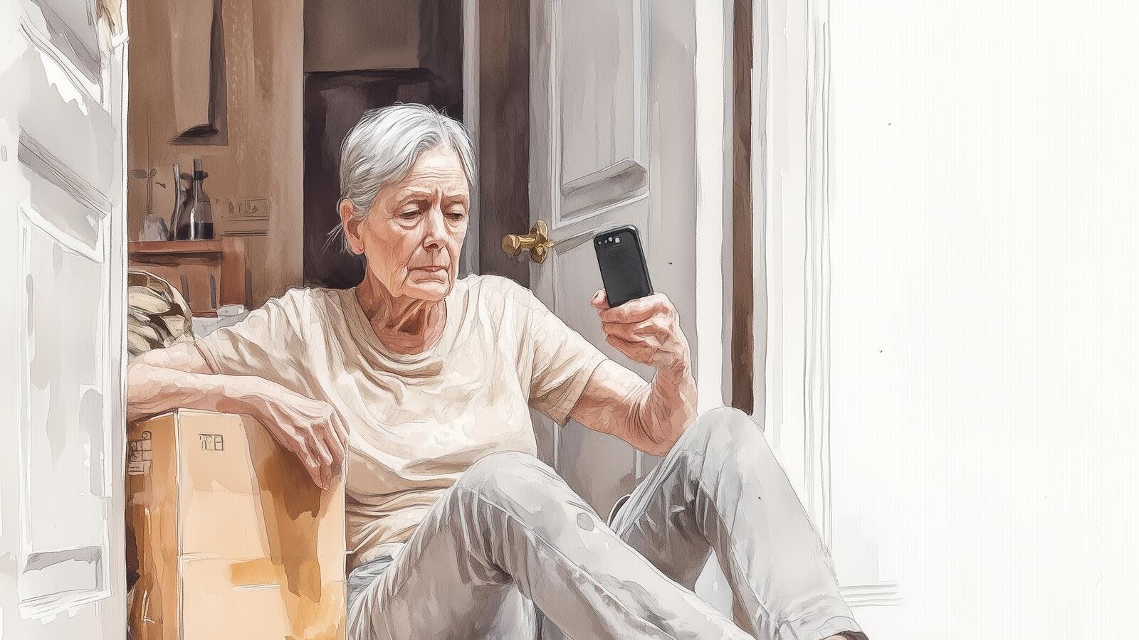 Kvinde, der sidder på gulvet med sin mobiltelefon.