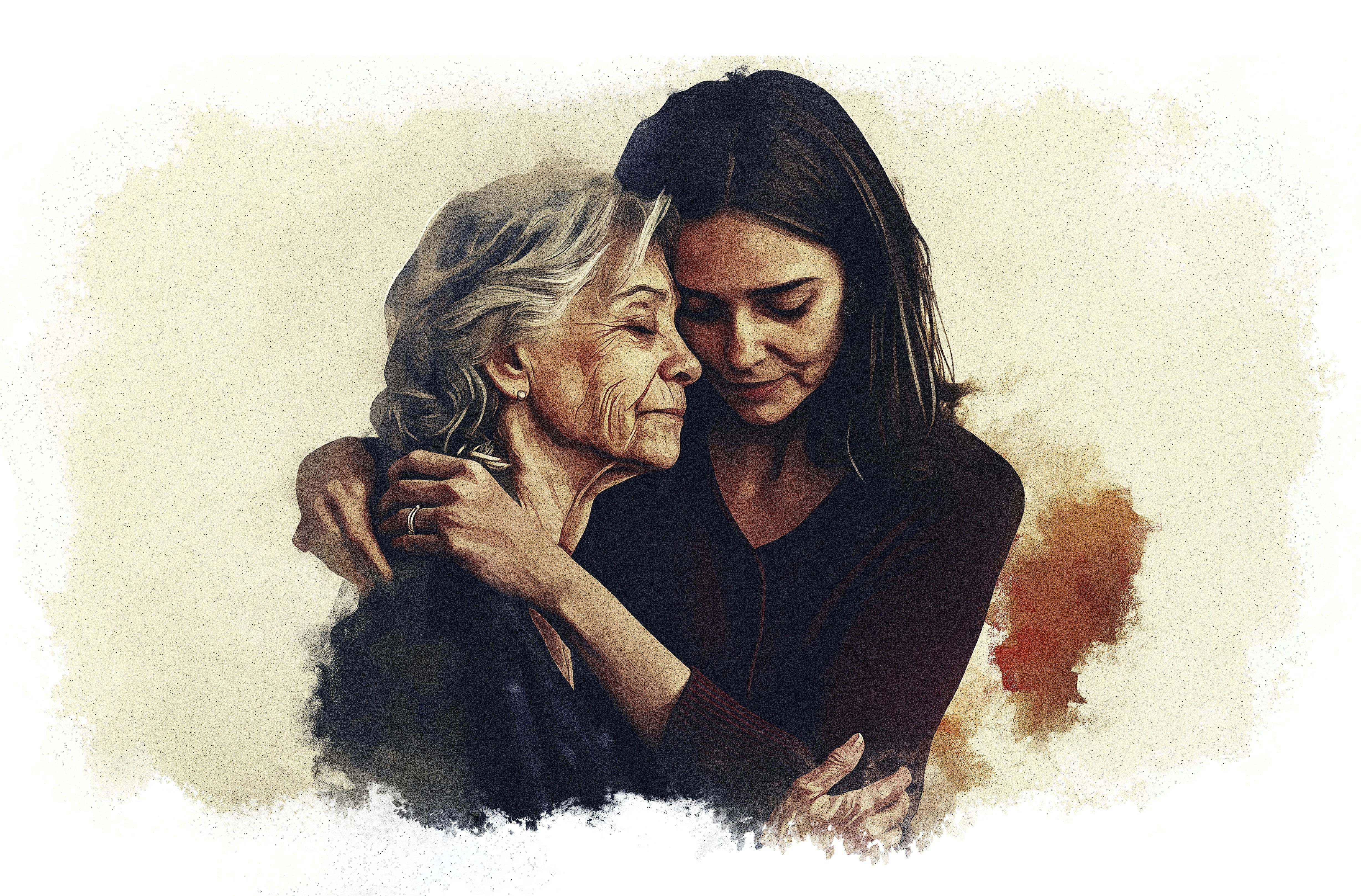 Ældre kvinde får et kram af en yngre kvinde