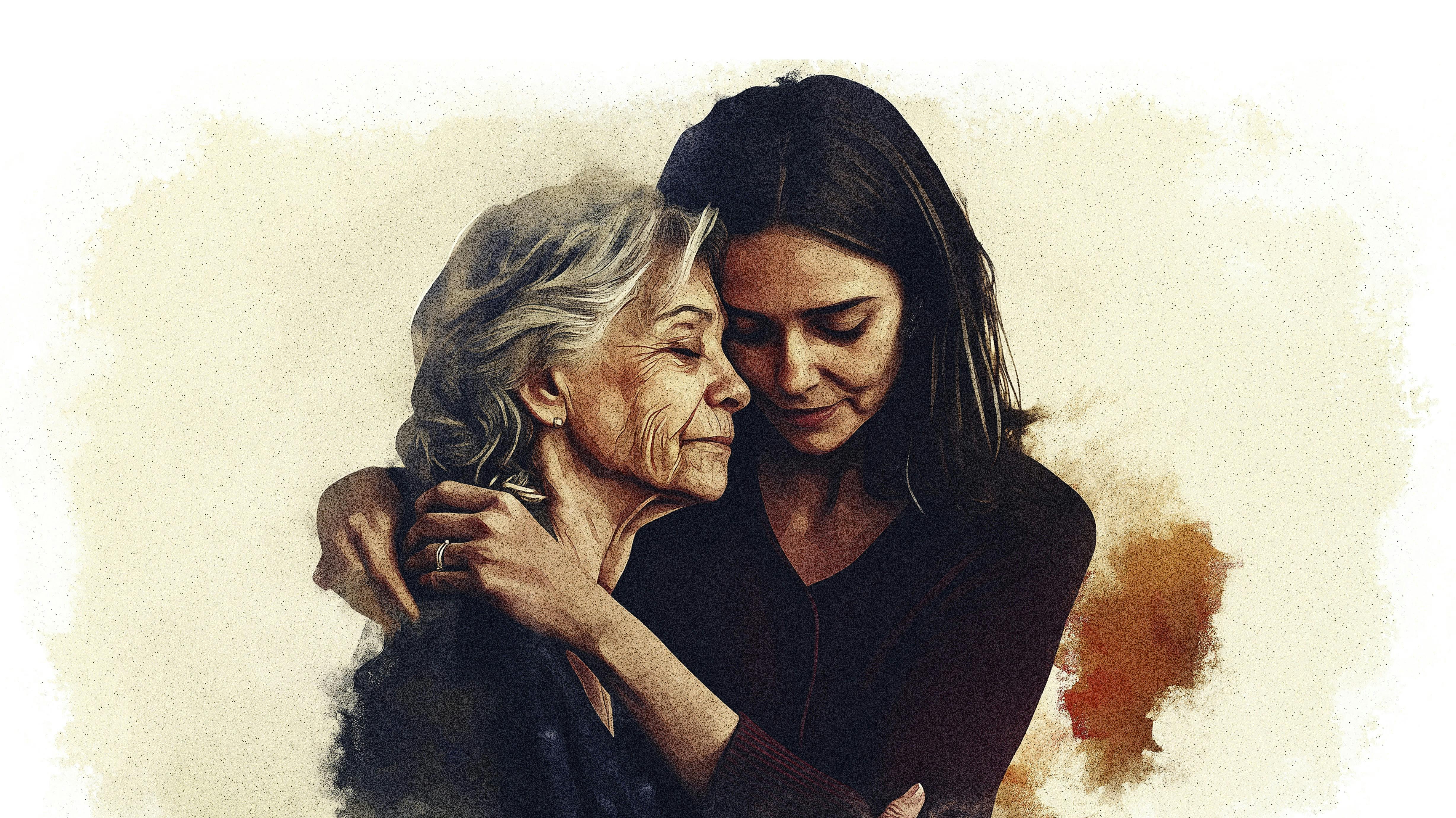 Ældre kvinde får et kram af en yngre kvinde