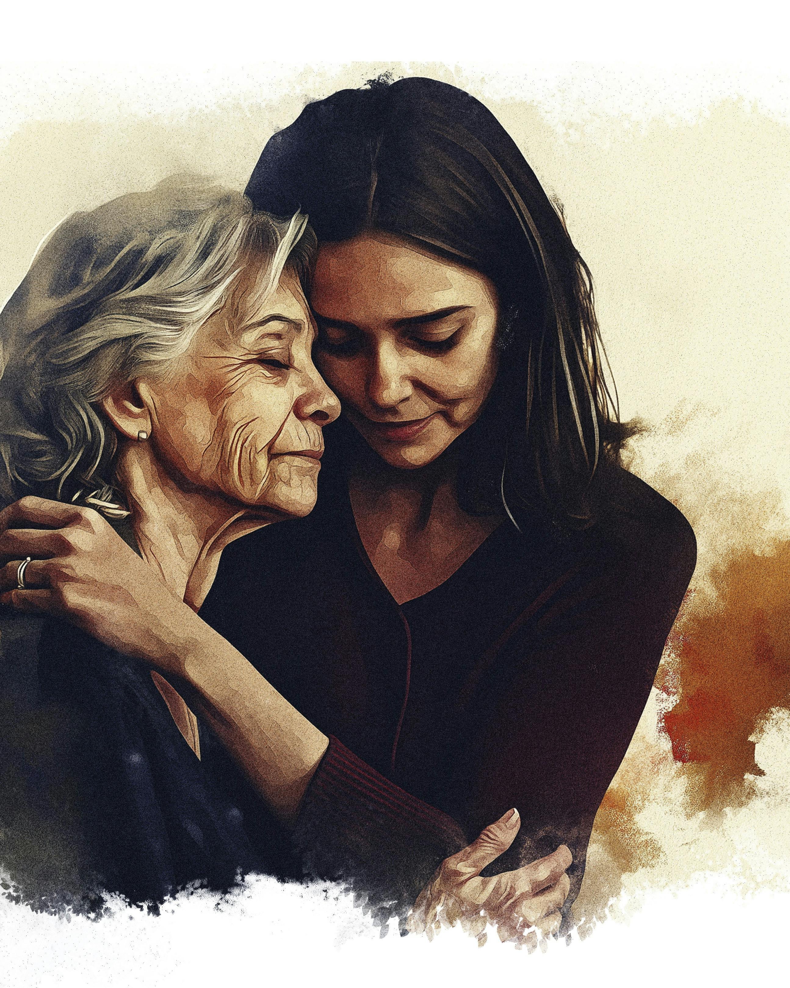 Ældre kvinde får et kram af en yngre kvinde