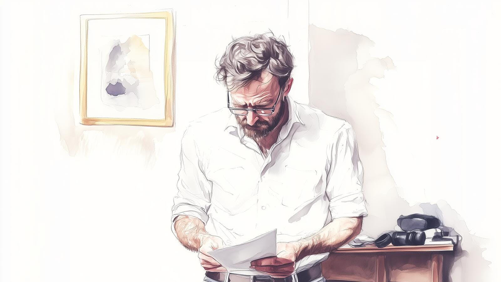 Mand i hvidt tøj, der står og læser nogle papirer.