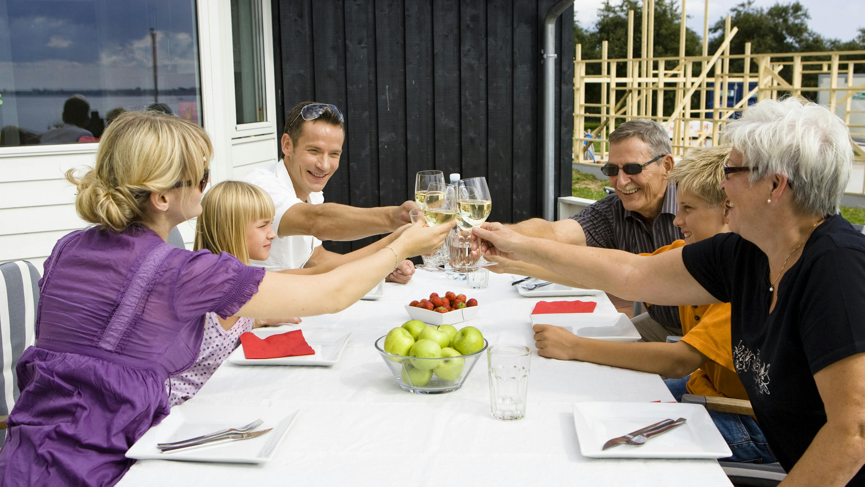 Familie skåler i sommerhus