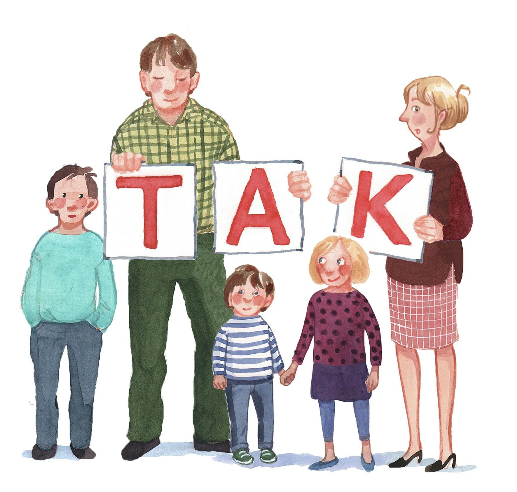 Familie med TAK-skilte 