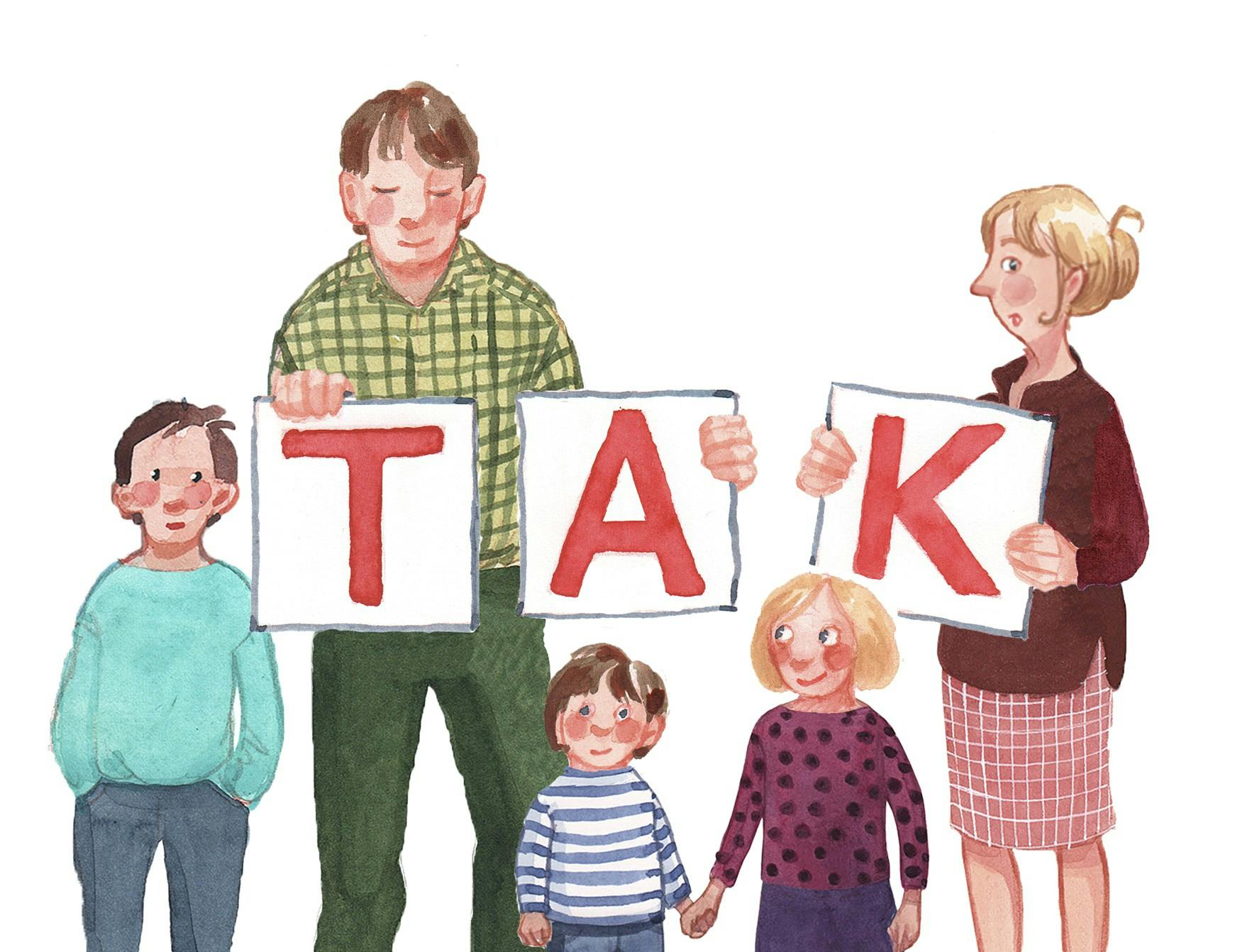 Familie med TAK-skilte