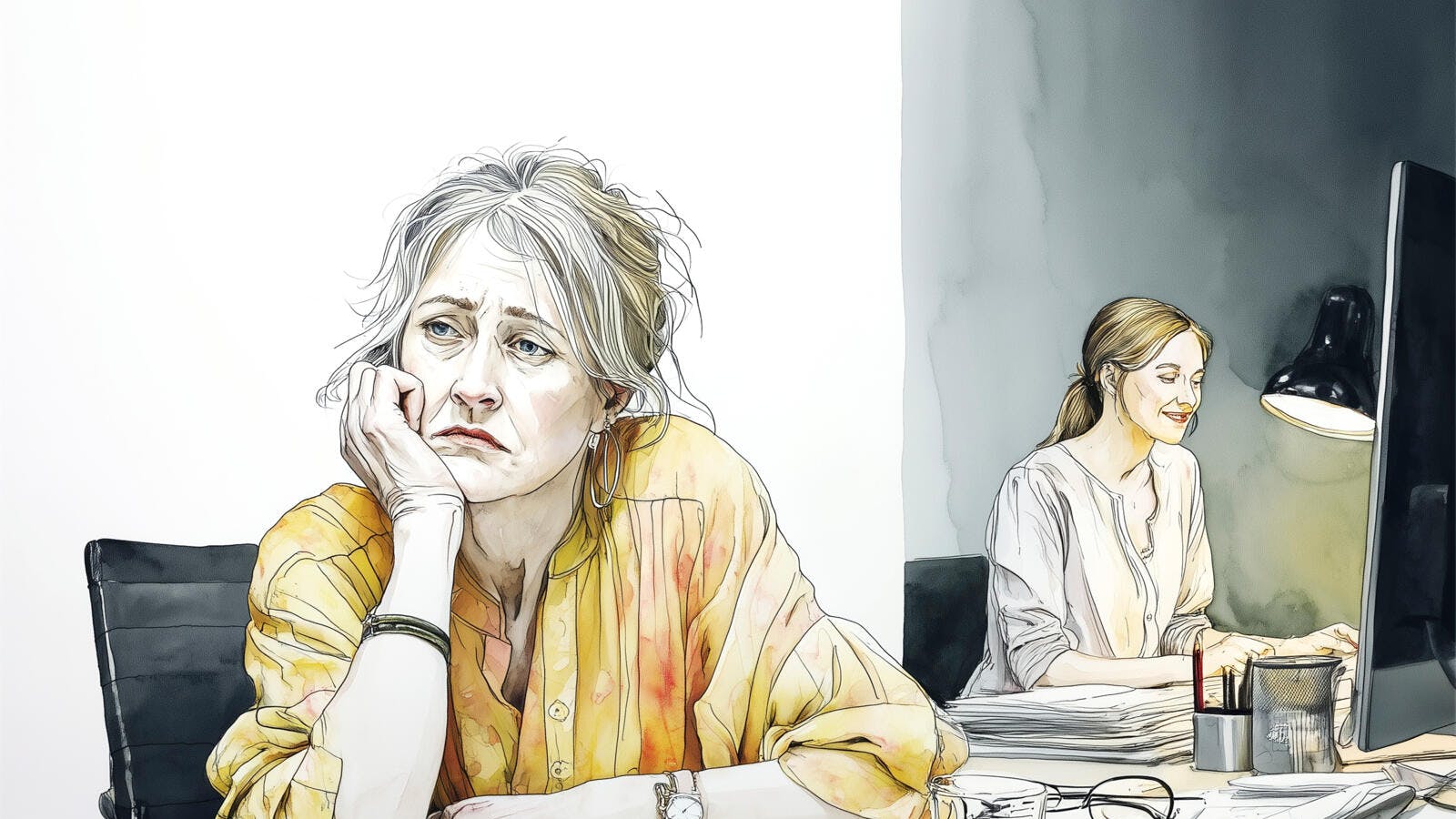 Kvinde på et kontor. Hun ser træt ud i modsætning til sin friske kollega.
