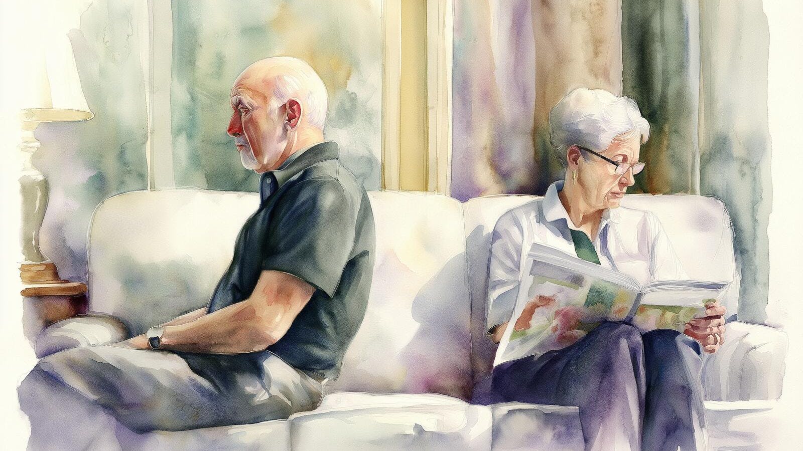To ældre mennesker, der sidder i en sofa, men med ryggen til.