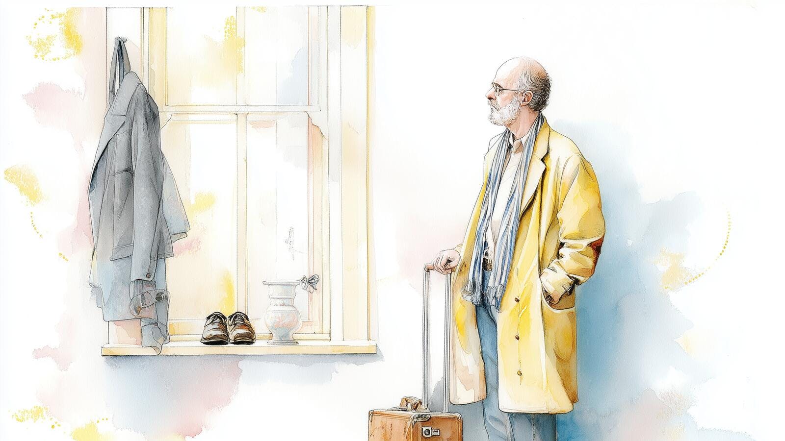 Ældre mand står med en kuffert og kigger ud af vinduet.