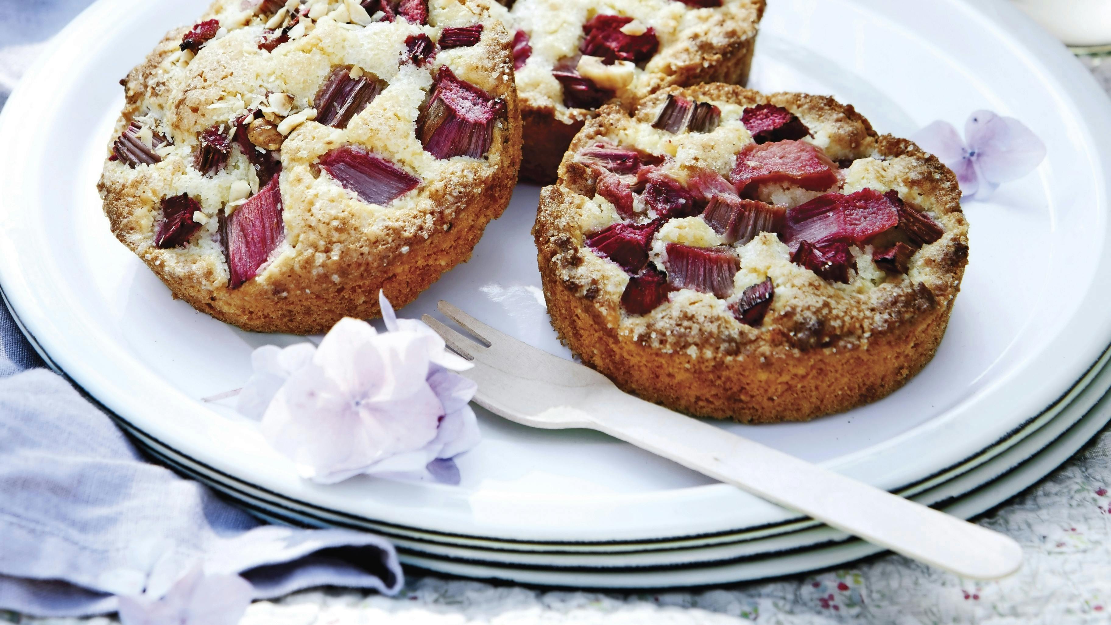 Pak en picnickurv og tag ud i det grønne - eller bare i baghaven sammen med familie og venner. Rabarbertærter med kokos og marcipan.