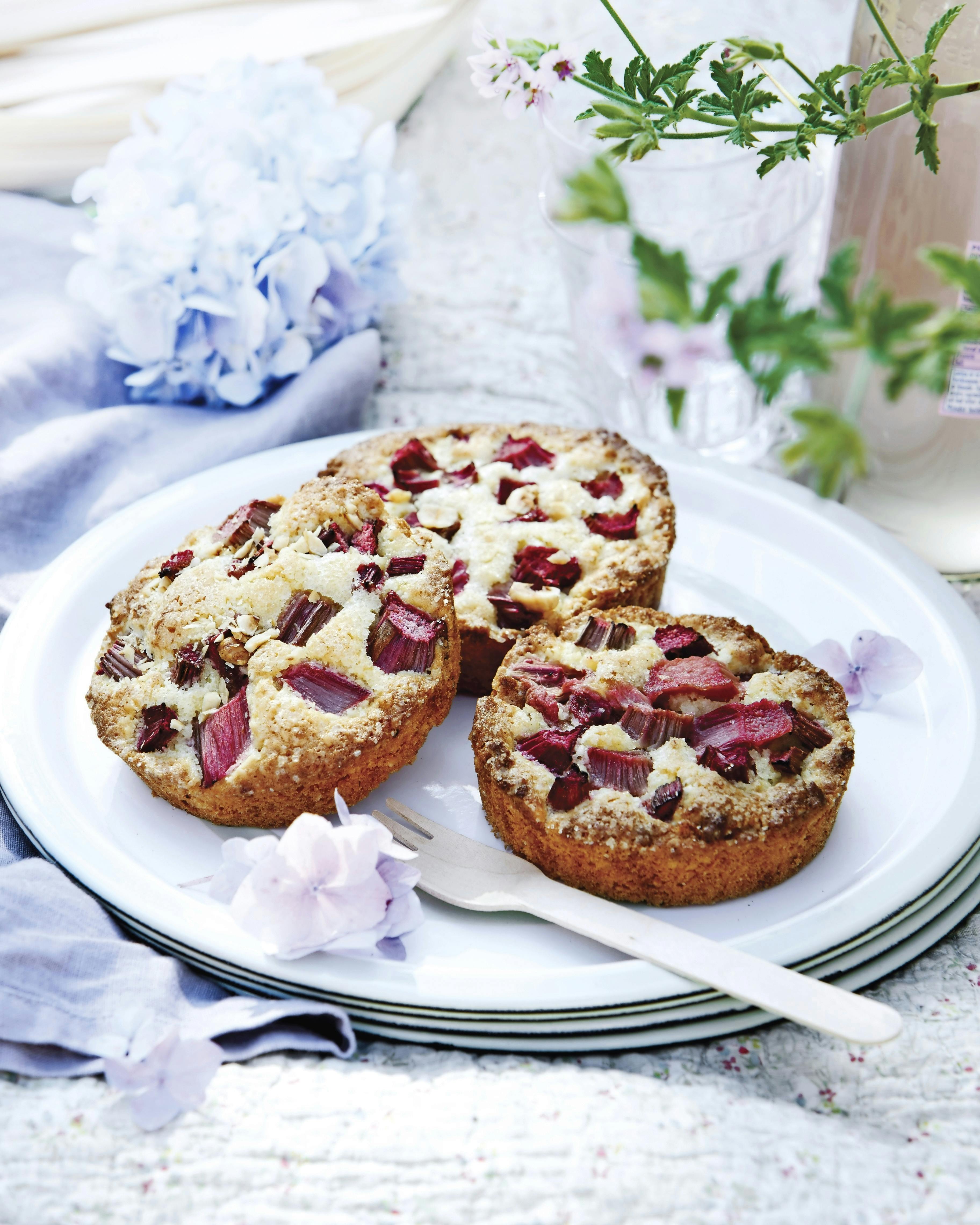 Pak en picnickurv og tag ud i det grønne - eller bare i baghaven sammen med familie og venner. Rabarbertærter med kokos og marcipan.