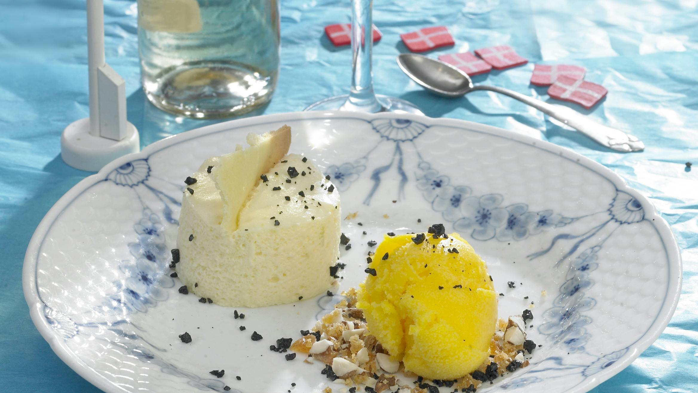Citrusdessert med fromage, sorbet og karamelknas