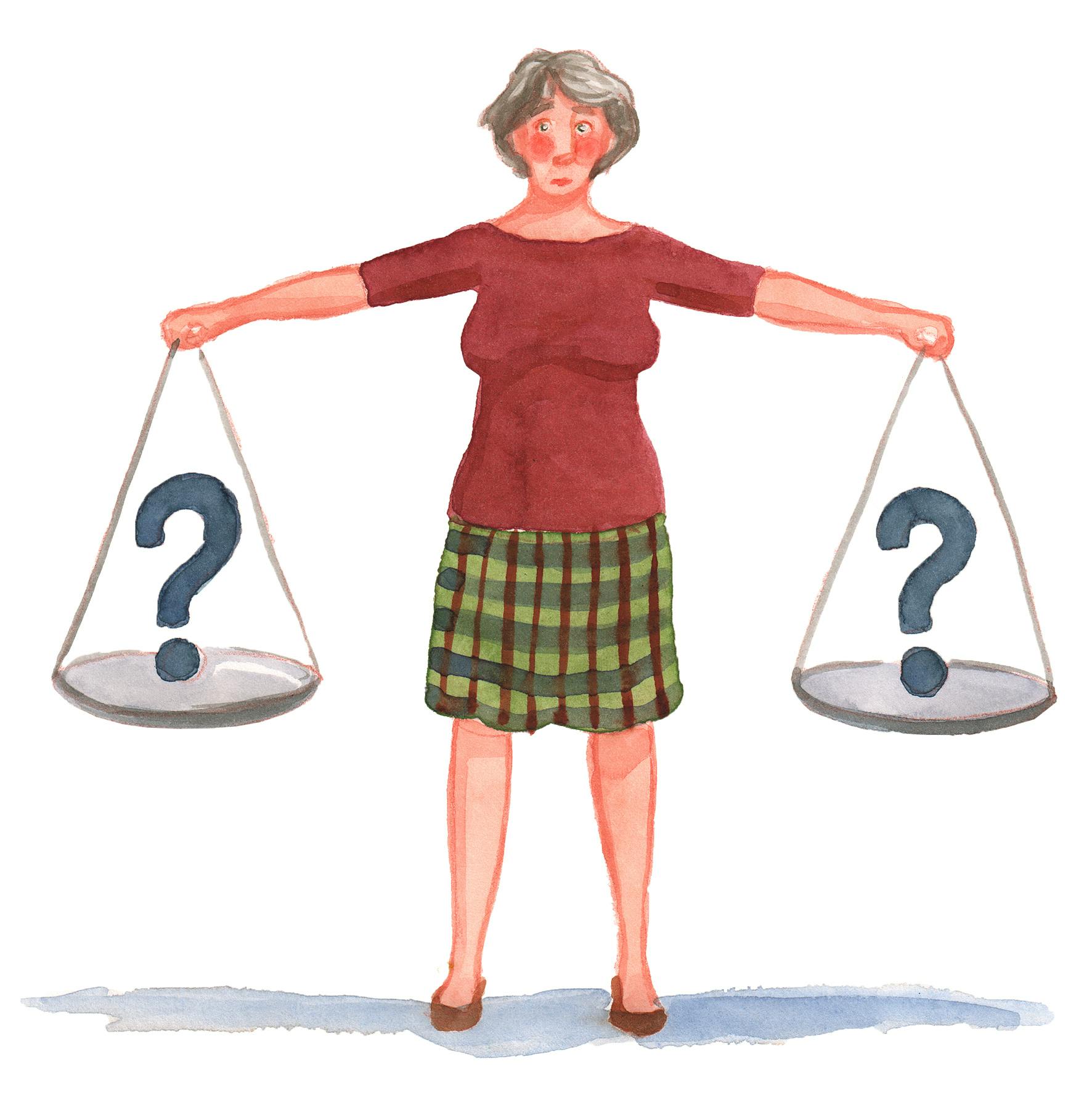 Tegning af kvinde der balancerer med sit dilemma