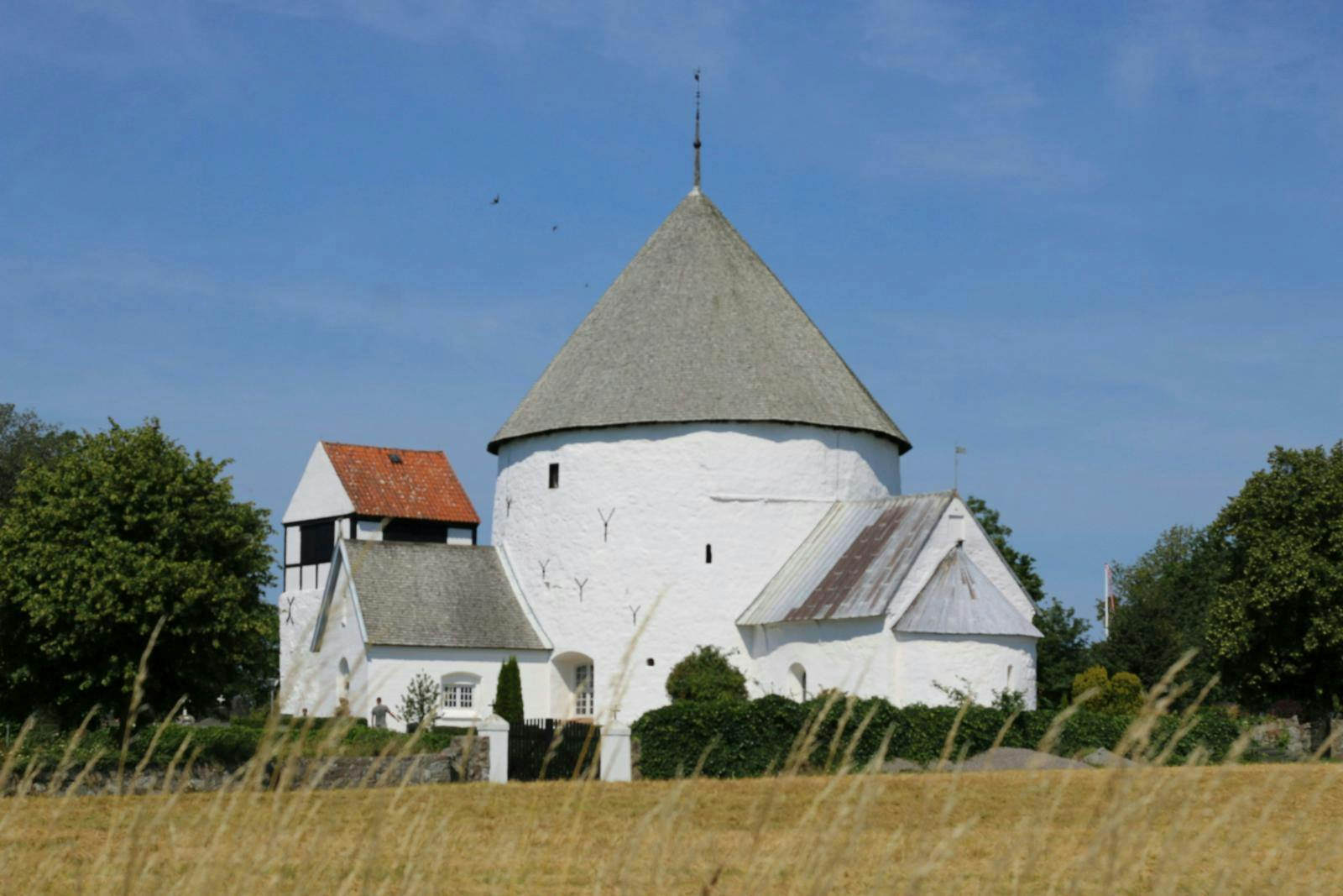 Rundkirke på Bornholm omgivet af kornmarker.
