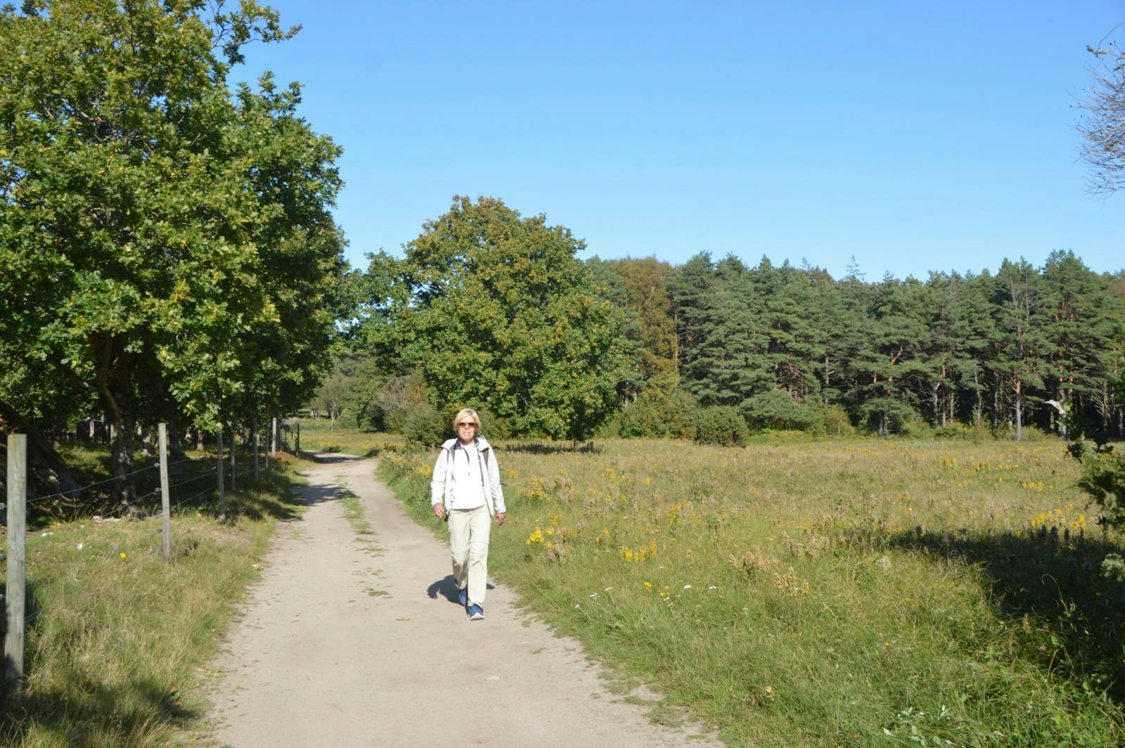 En kvinde kommer gående ad en sti med skov i baggrunden.