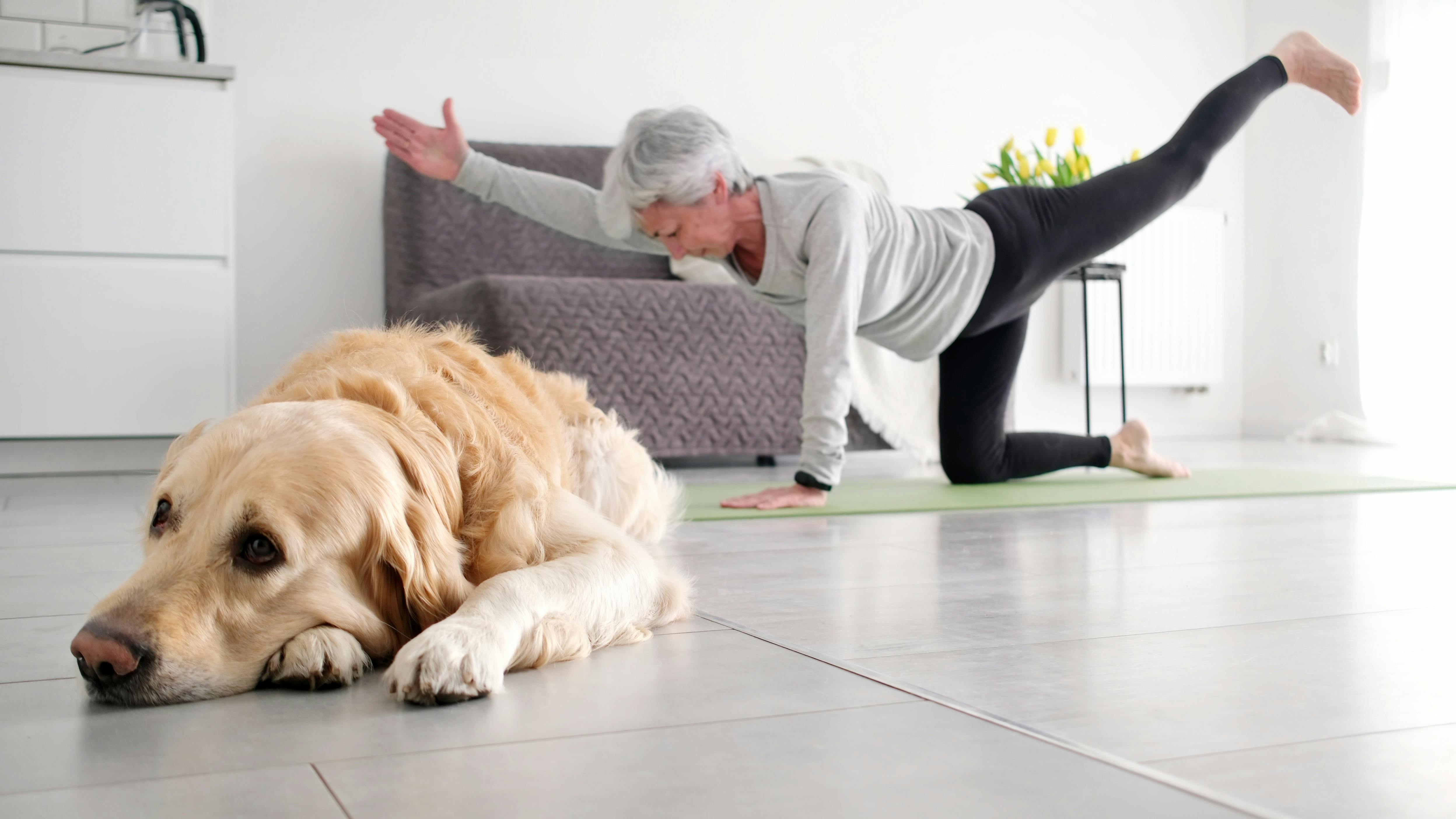 Kvinde dyrker yoga på gulvet 