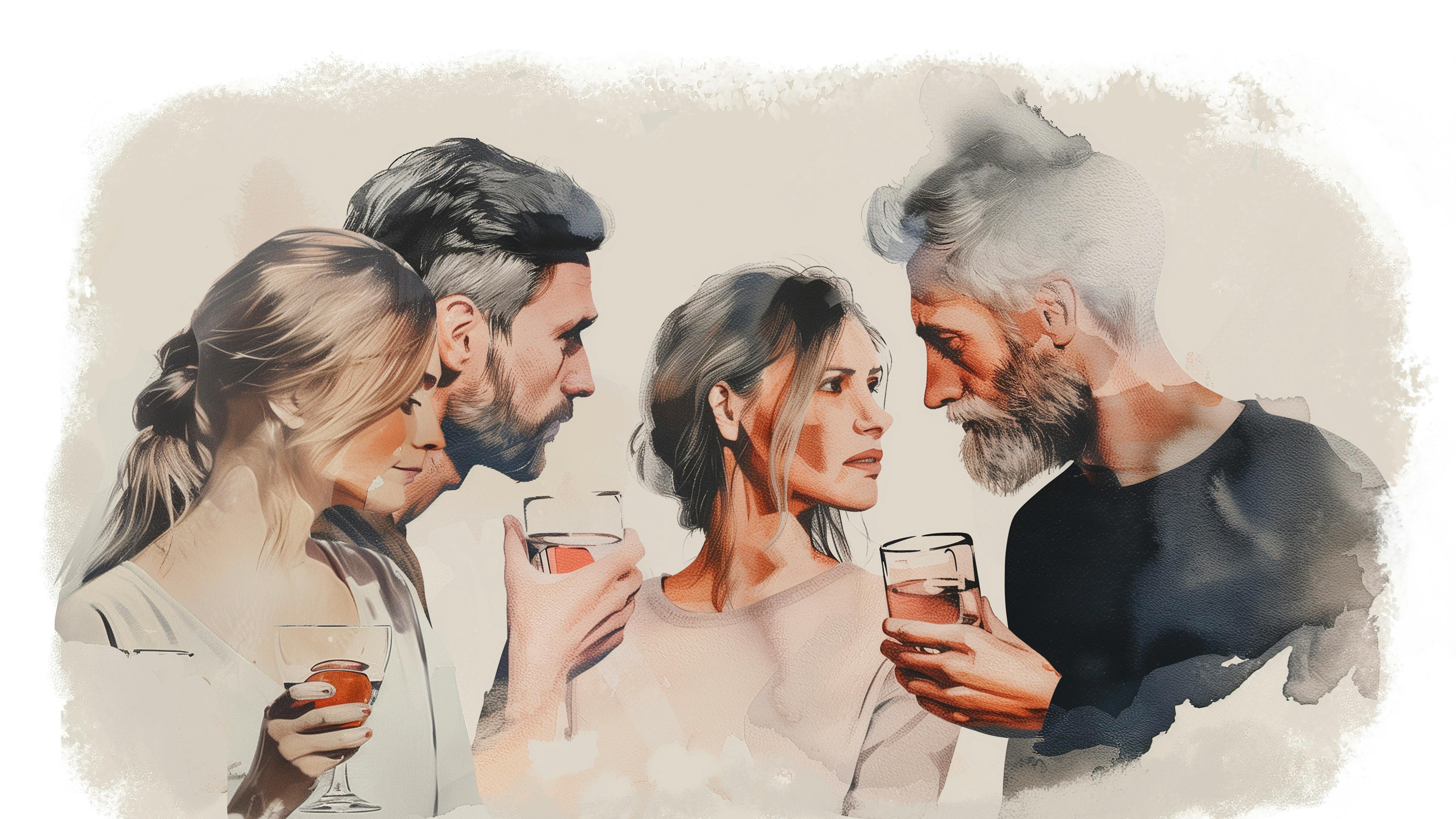 To mænd og to kvinder diskuterer med drinksglas i hænderne