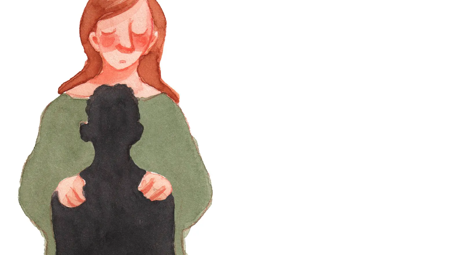 Tegning af kvinde, der holder om et skyggebarn i hjertet