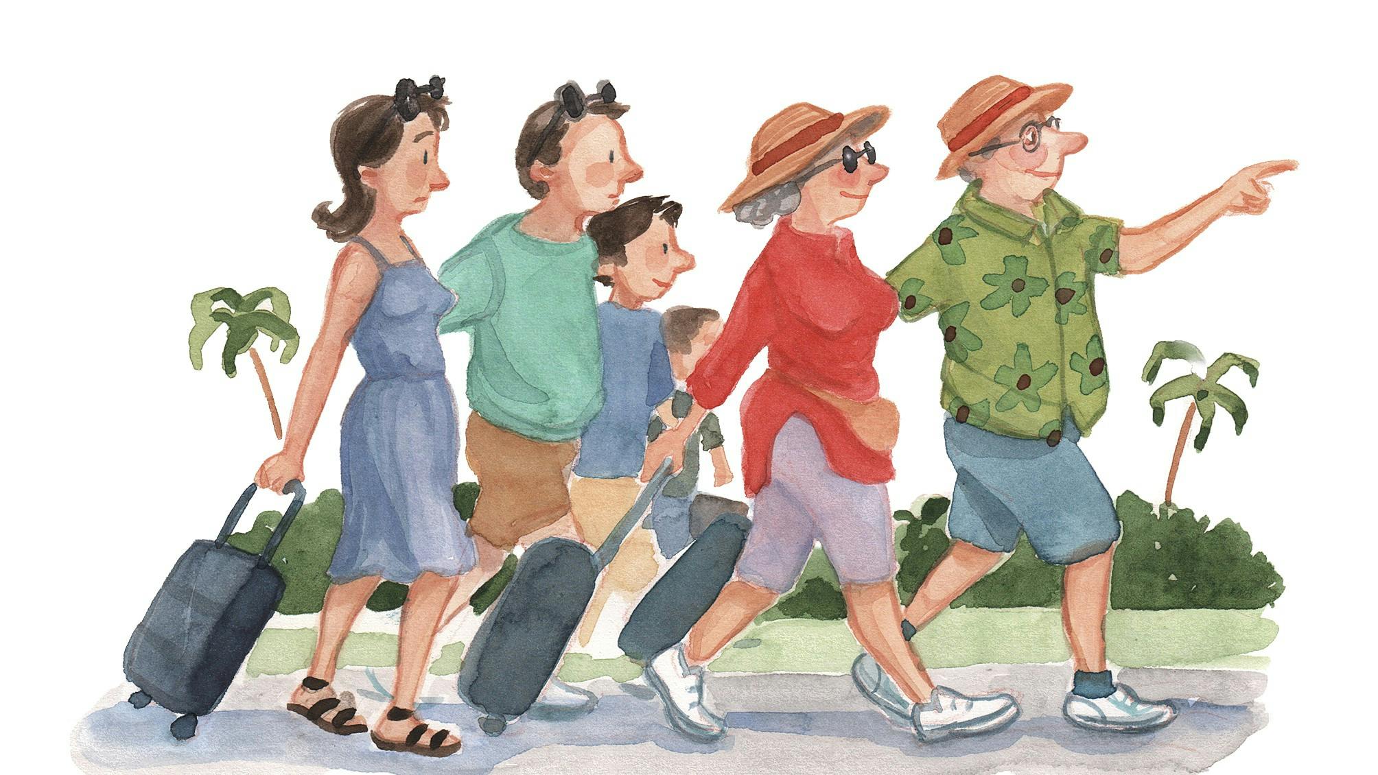 Tegning af familie der drager på ferie sammen