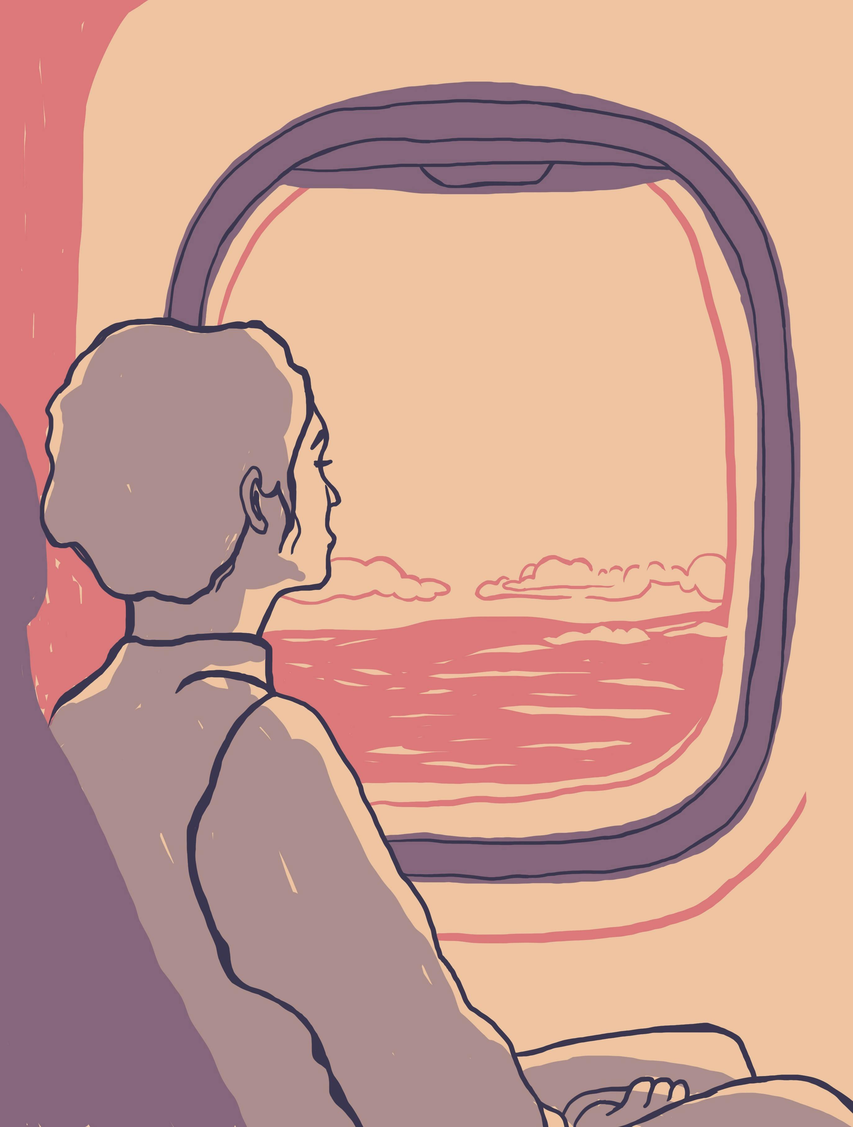 Illustration af kvinde ved et flyvindue