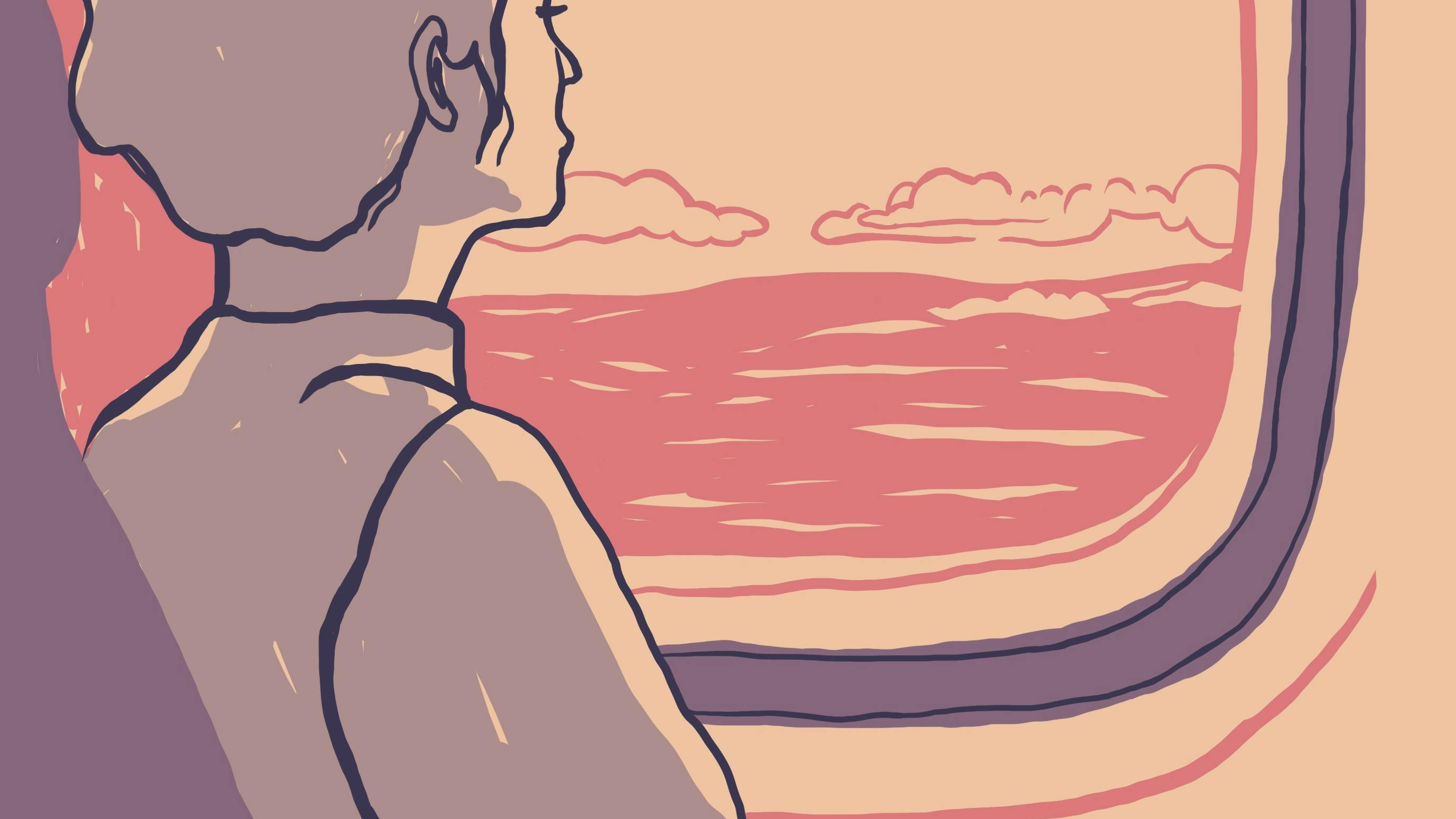 Illustration af kvinde ved et flyvindue