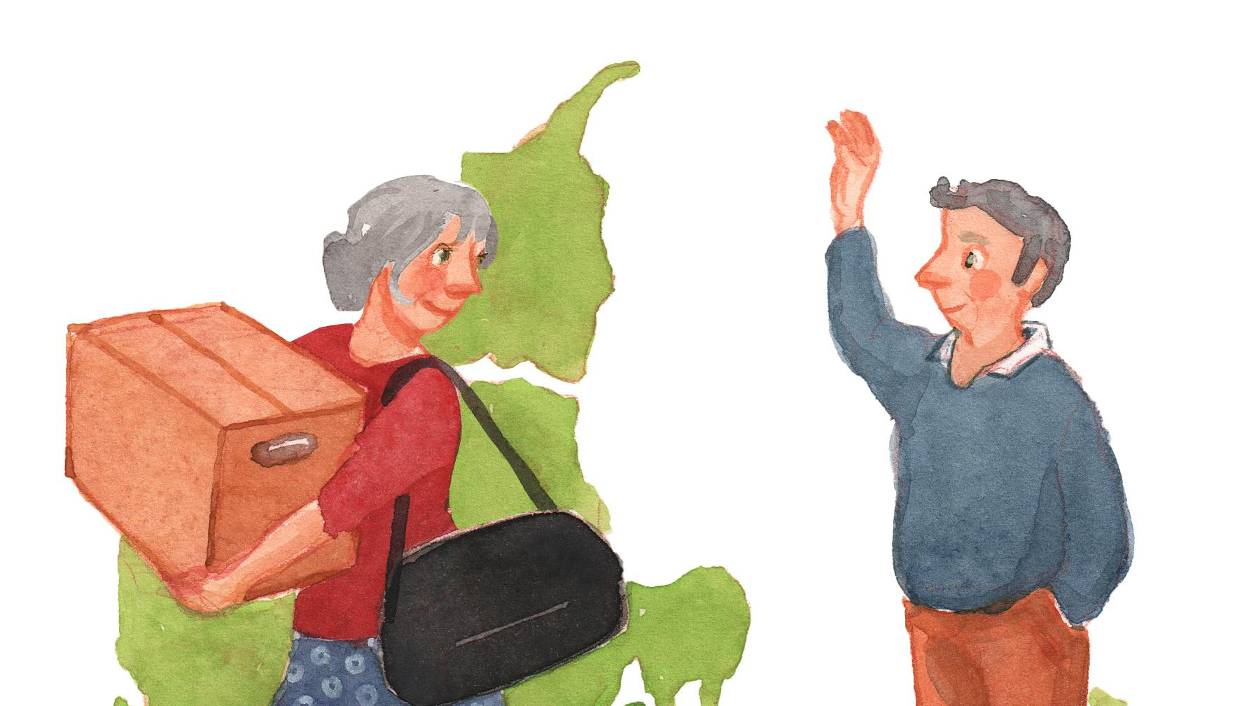 Tegning af par, der vinker til hinanden og tydeligvis flytter