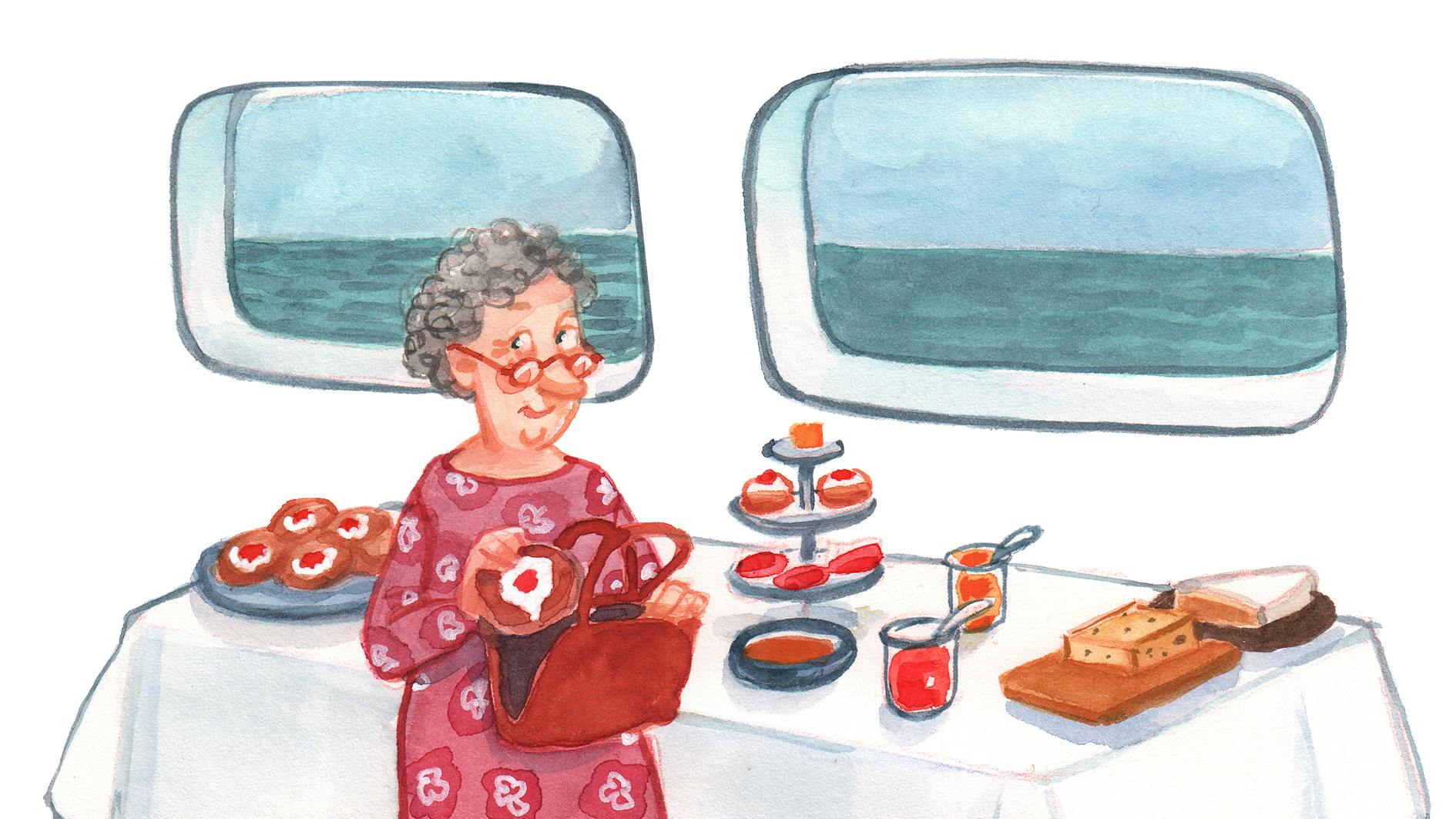 Tegning af kvinde, der tager mad i en buffet.