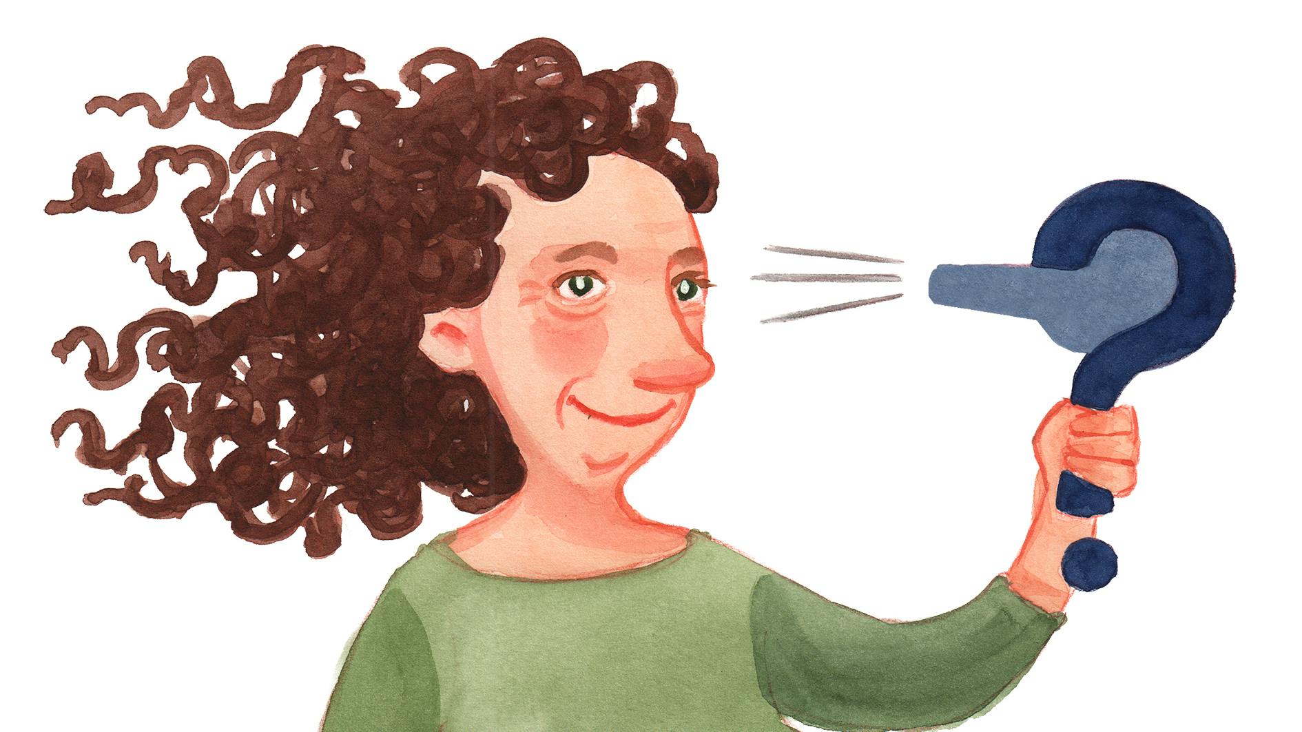 Tegning af kvinde, der føntørrer sit store hår.