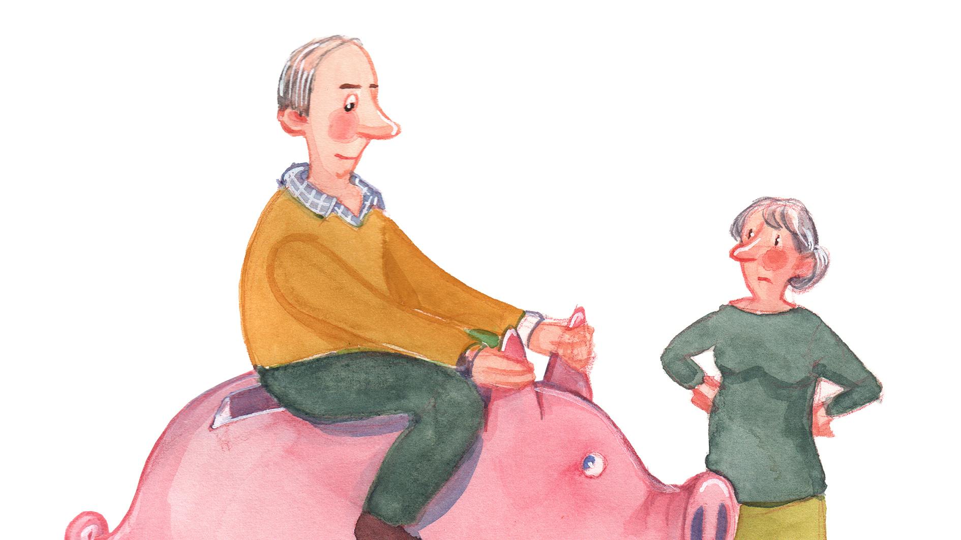 Tegning af mand, der rider på en gris og konen, der kigger på.
