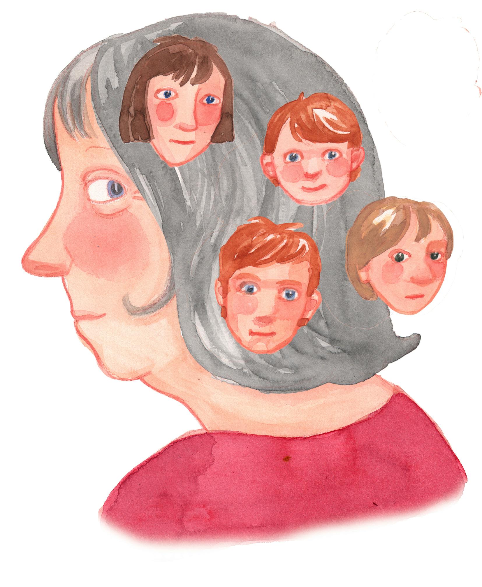 Tegning af kvinde, der har meget i hovedet