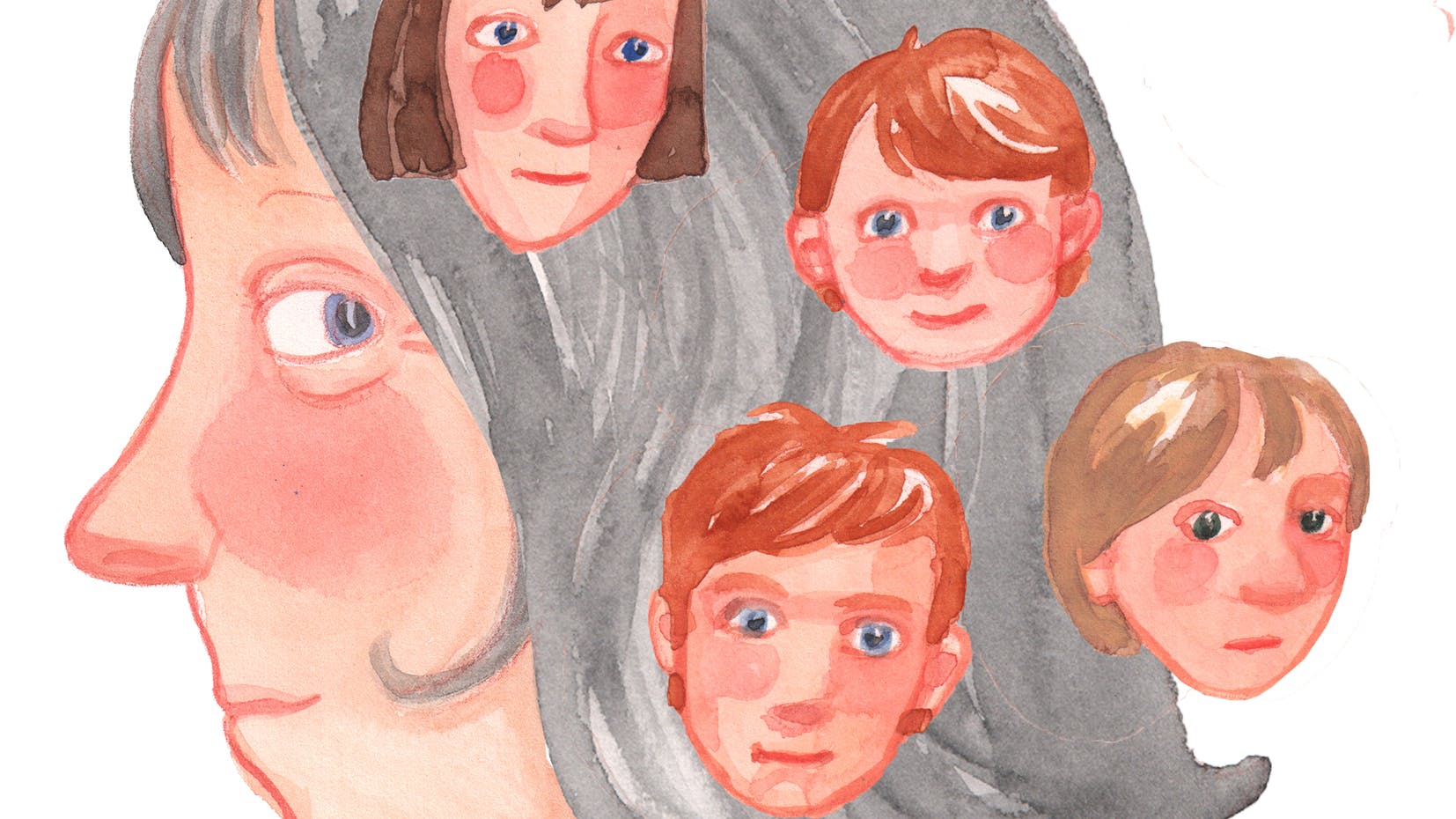 Tegning af kvinde, der har meget i hovedet