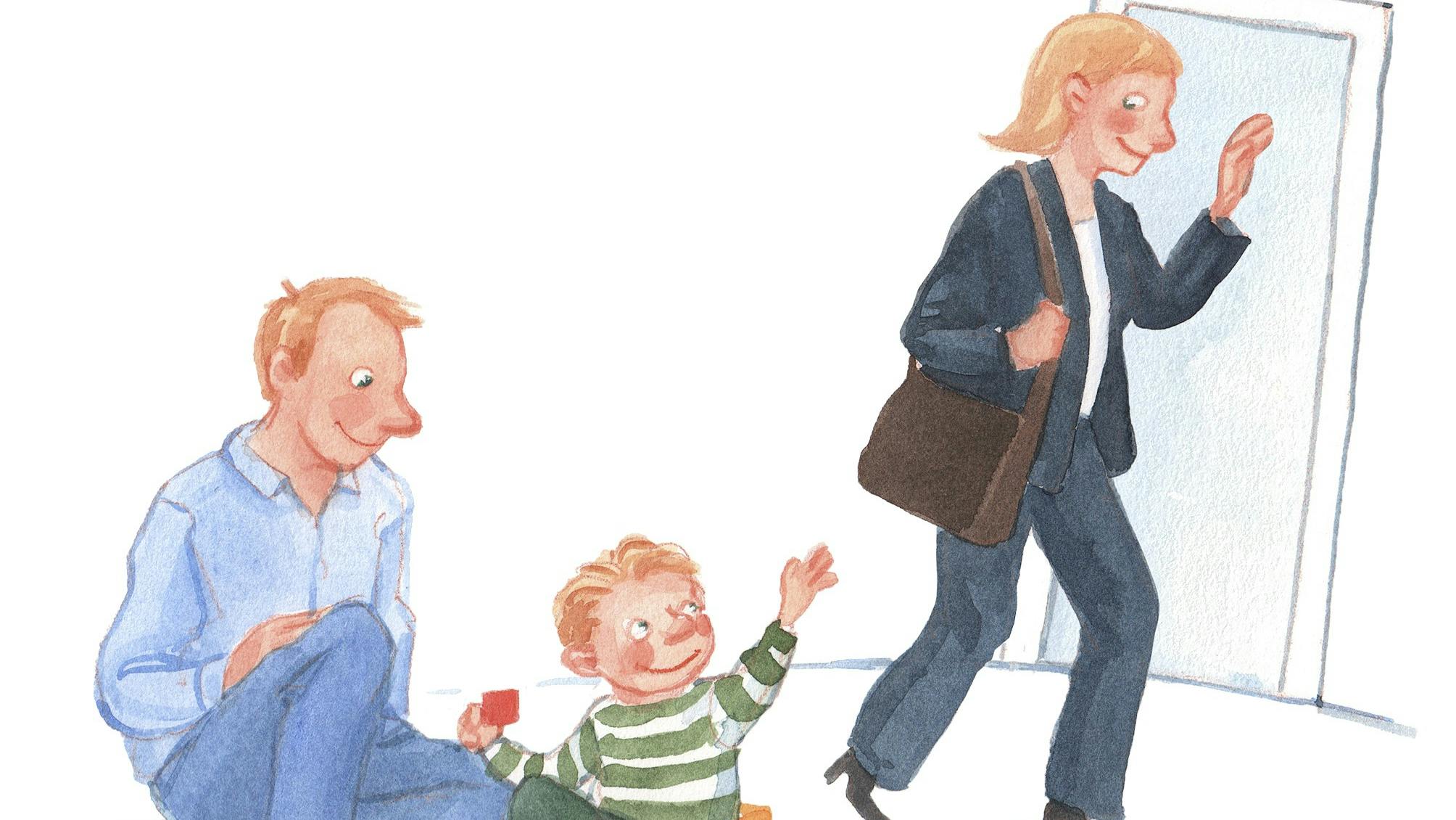 Tegning af kvinde, der vinker til sit barn og sin mand.